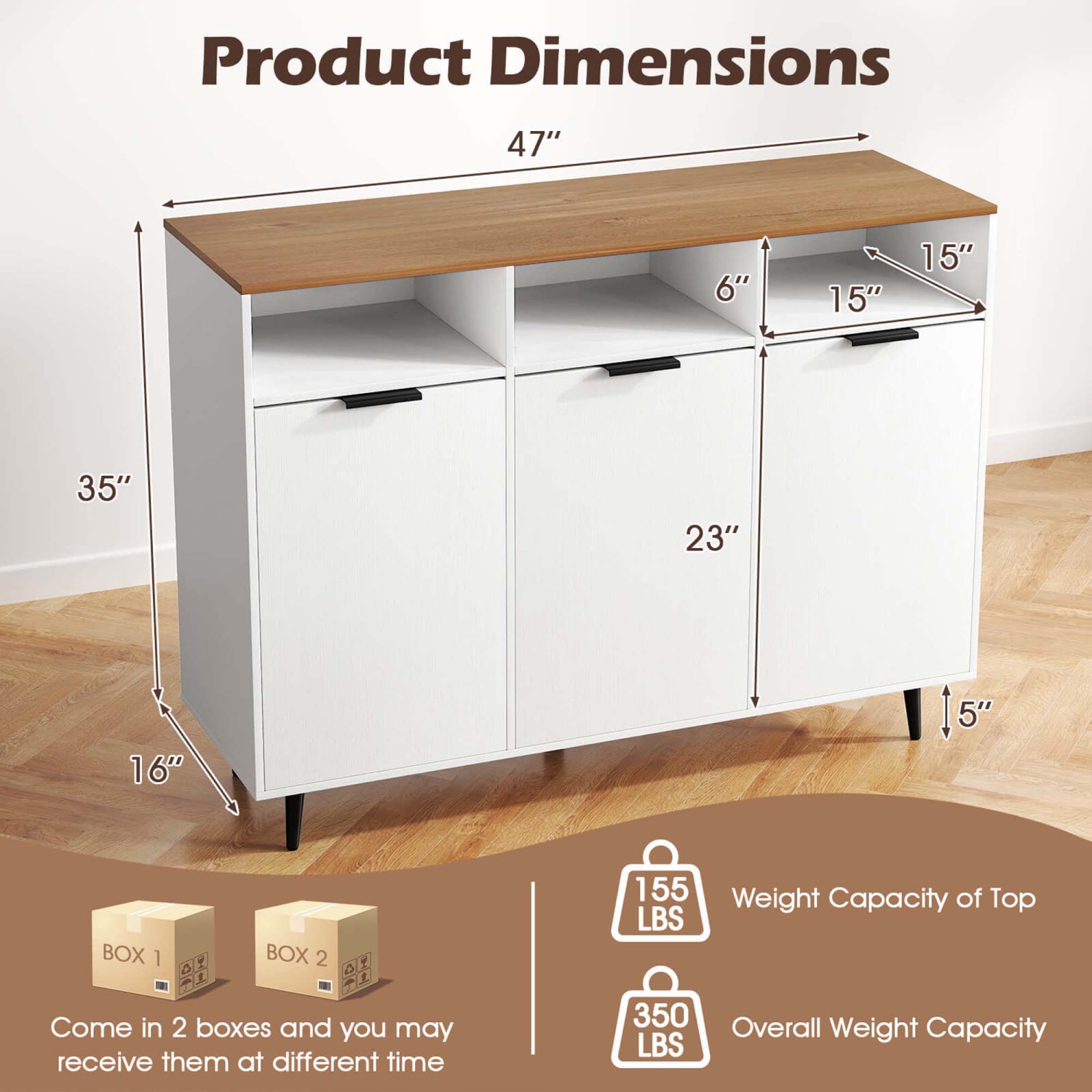 Buffet de Costway avec 3 compartiments ouverts, 3 portes, 5 tablettes réglables