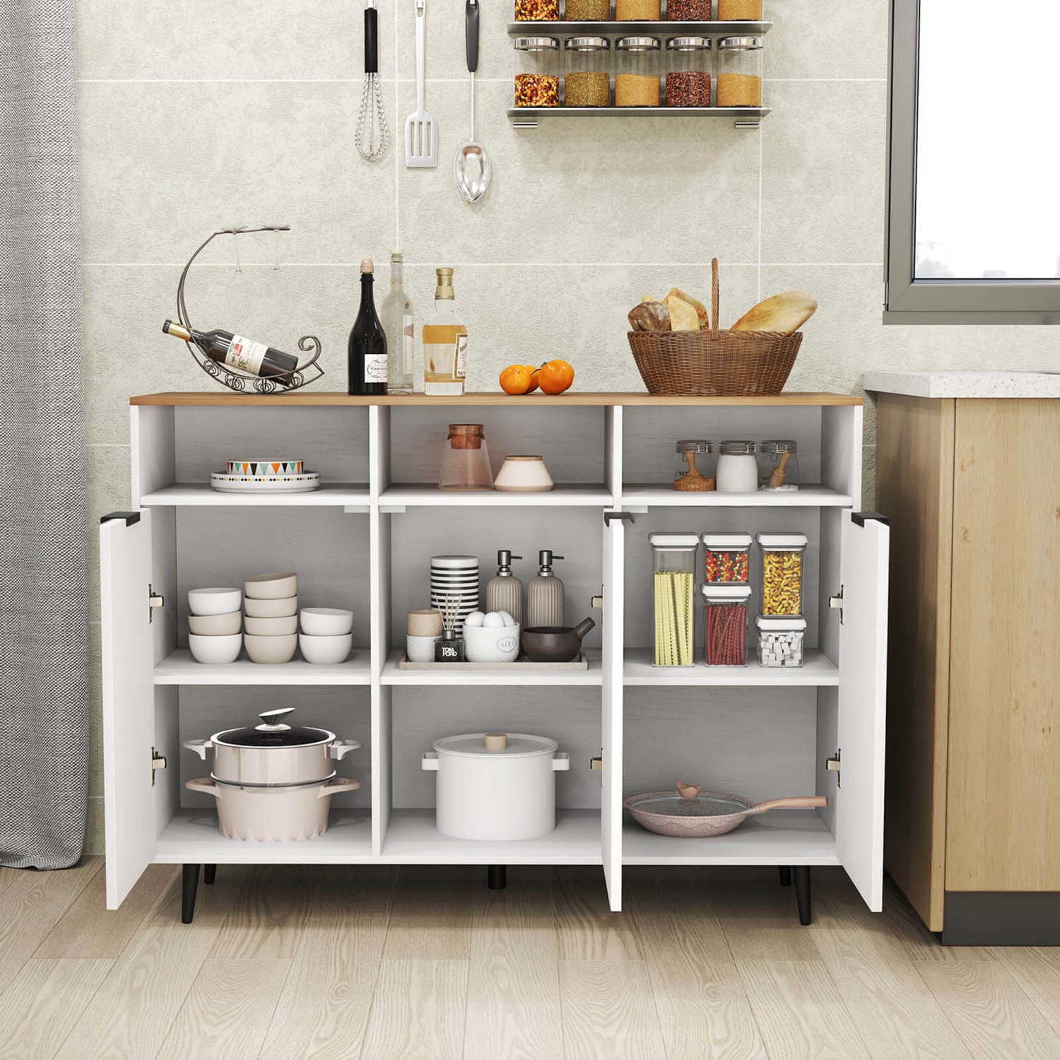 Buffet de Costway avec 3 compartiments ouverts, 3 portes, 5 tablettes réglables