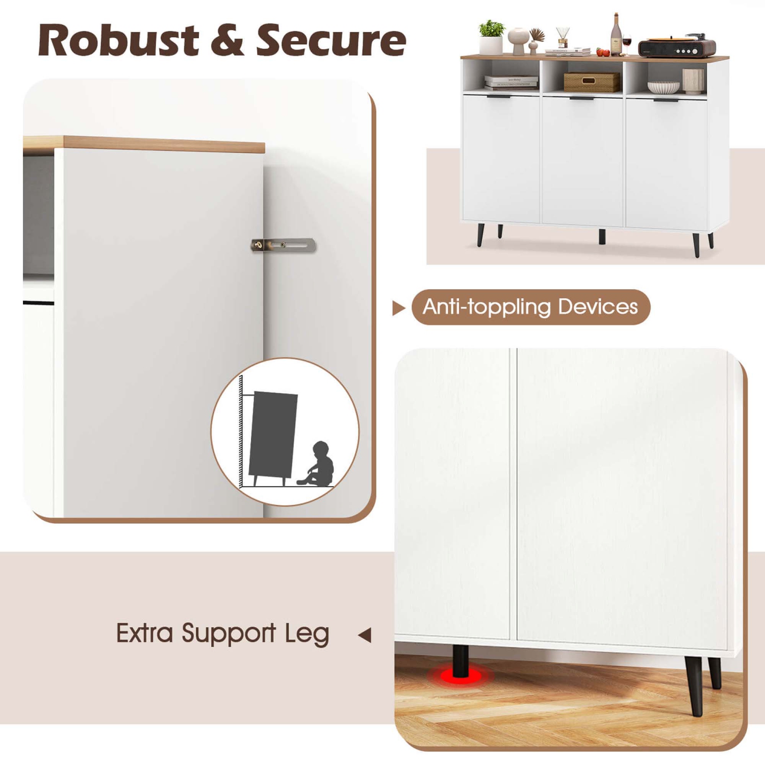 Buffet de Costway avec 3 compartiments ouverts, 3 portes, 5 tablettes réglables