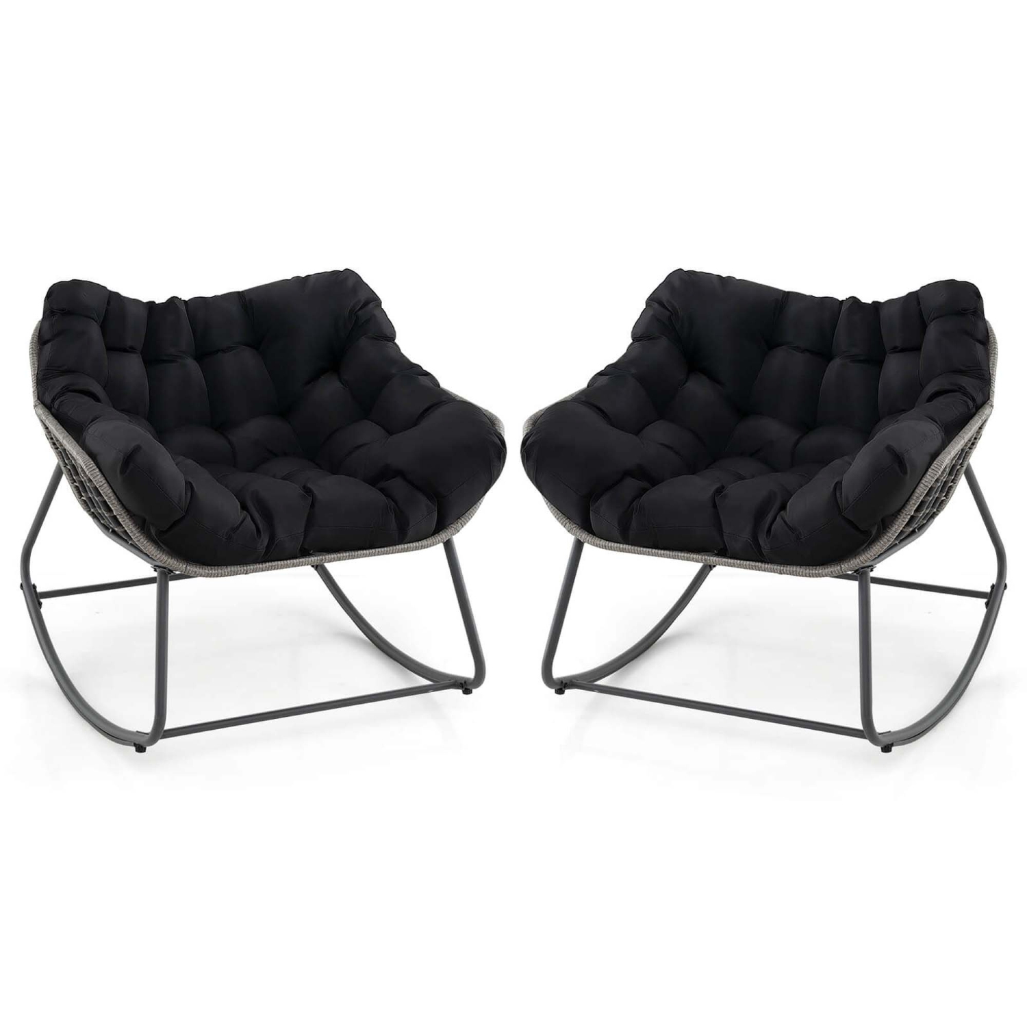 Costway 1/2 PCS Outdoor Rocking Chair Oversized Patio PE Wicker Egg Chair Rattan Lounge Chair Black/Gray