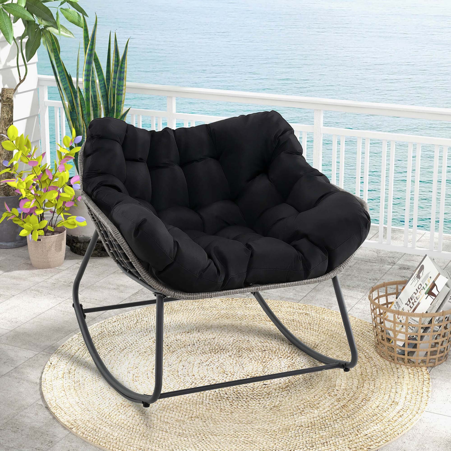 Costway 1/2 PCS Outdoor Rocking Chair Oversized Patio PE Wicker Egg Chair Rattan Lounge Chair Black/Gray