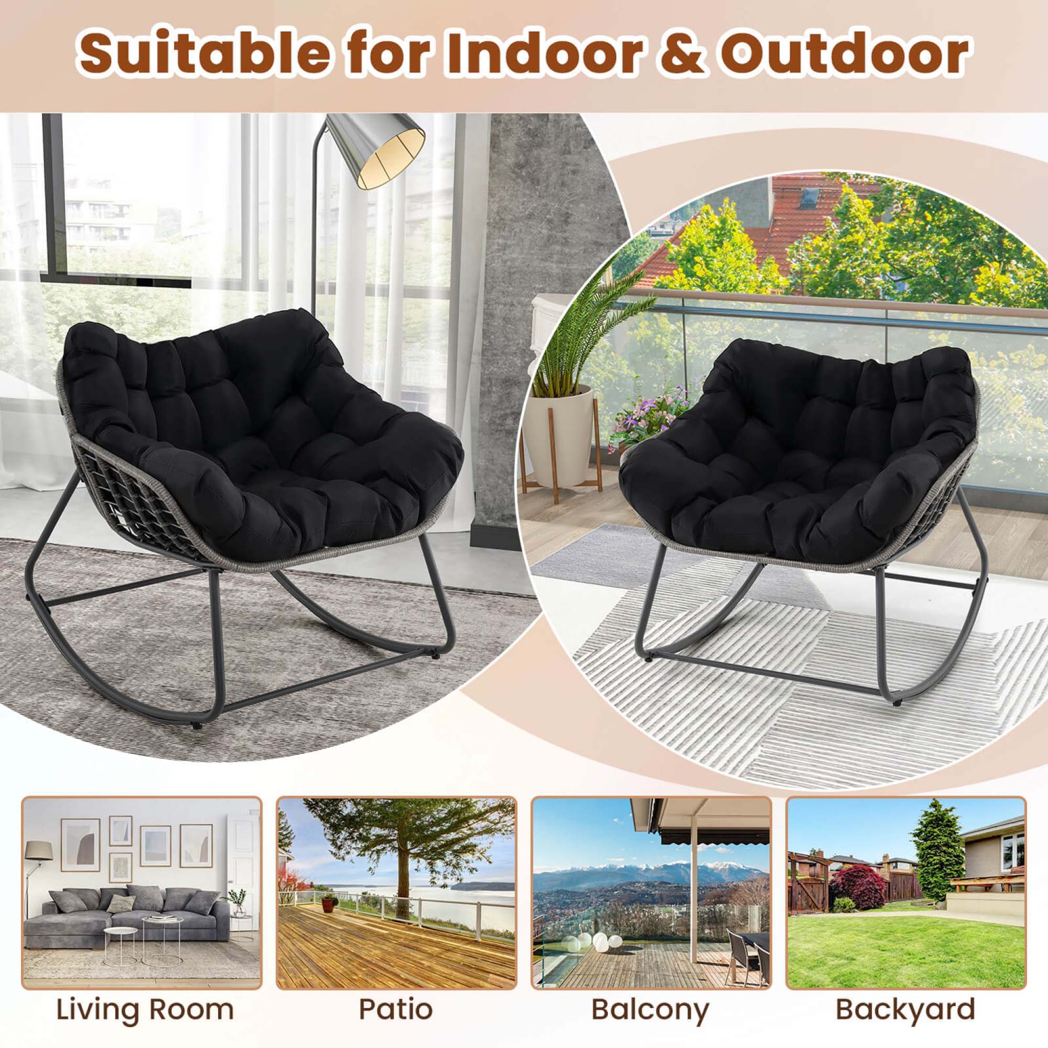 Costway 1/2 PCS Outdoor Rocking Chair Oversized Patio PE Wicker Egg Chair Rattan Lounge Chair Black/Gray