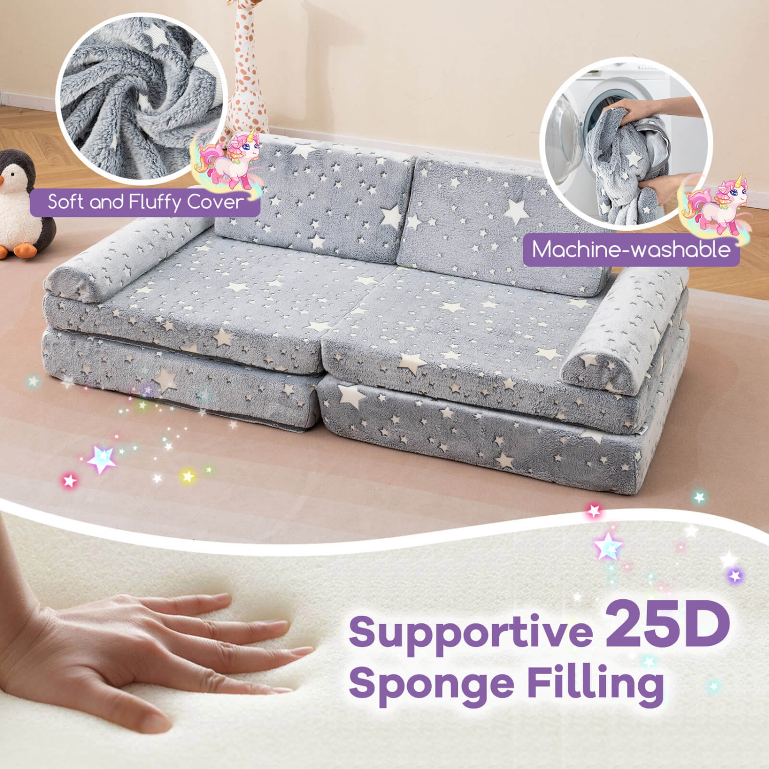 Honeyjoy 8 PCS Modular Kids Play Couch with Handles Machine Washable Covers for Building Fort Gray/Multicolor