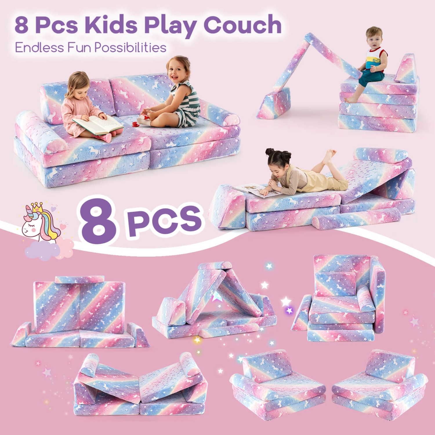 Honeyjoy 8 PCS Modular Kids Play Couch with Handles Machine Washable Covers for Building Fort Gray/Multicolor
