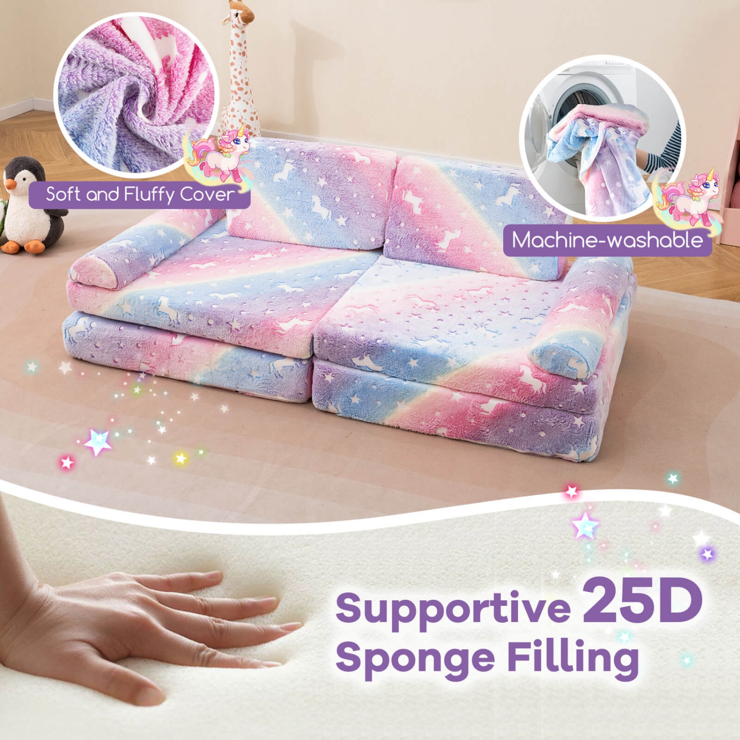 Honeyjoy 8 PCS Modular Kids Play Couch with Handles Machine Washable Covers for Building Fort Gray/Multicolor