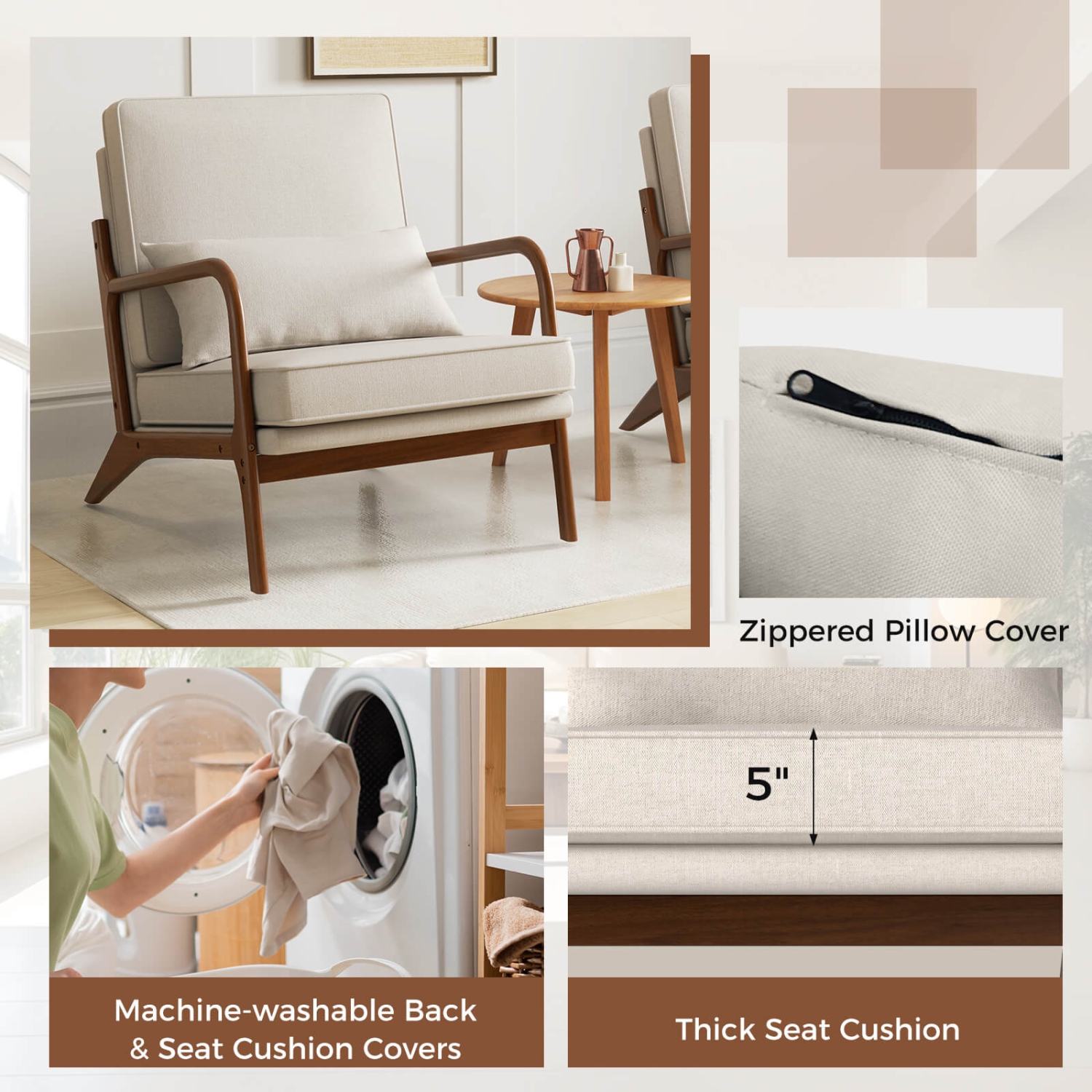 Costway 1/2 PCS Modern Accent Chair Upholstered Leisure Armchair with Rubber Wood Armrests & Legs