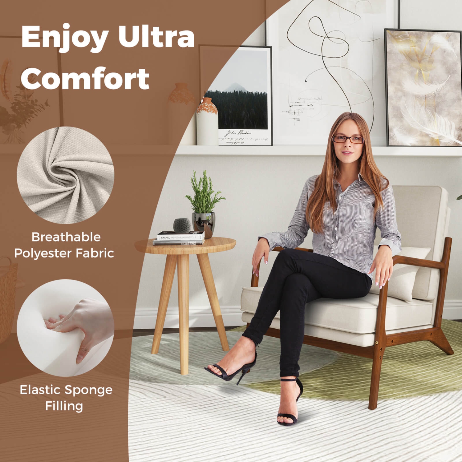 Costway 1/2 PCS Modern Accent Chair Upholstered Leisure Armchair with Rubber Wood Armrests & Legs