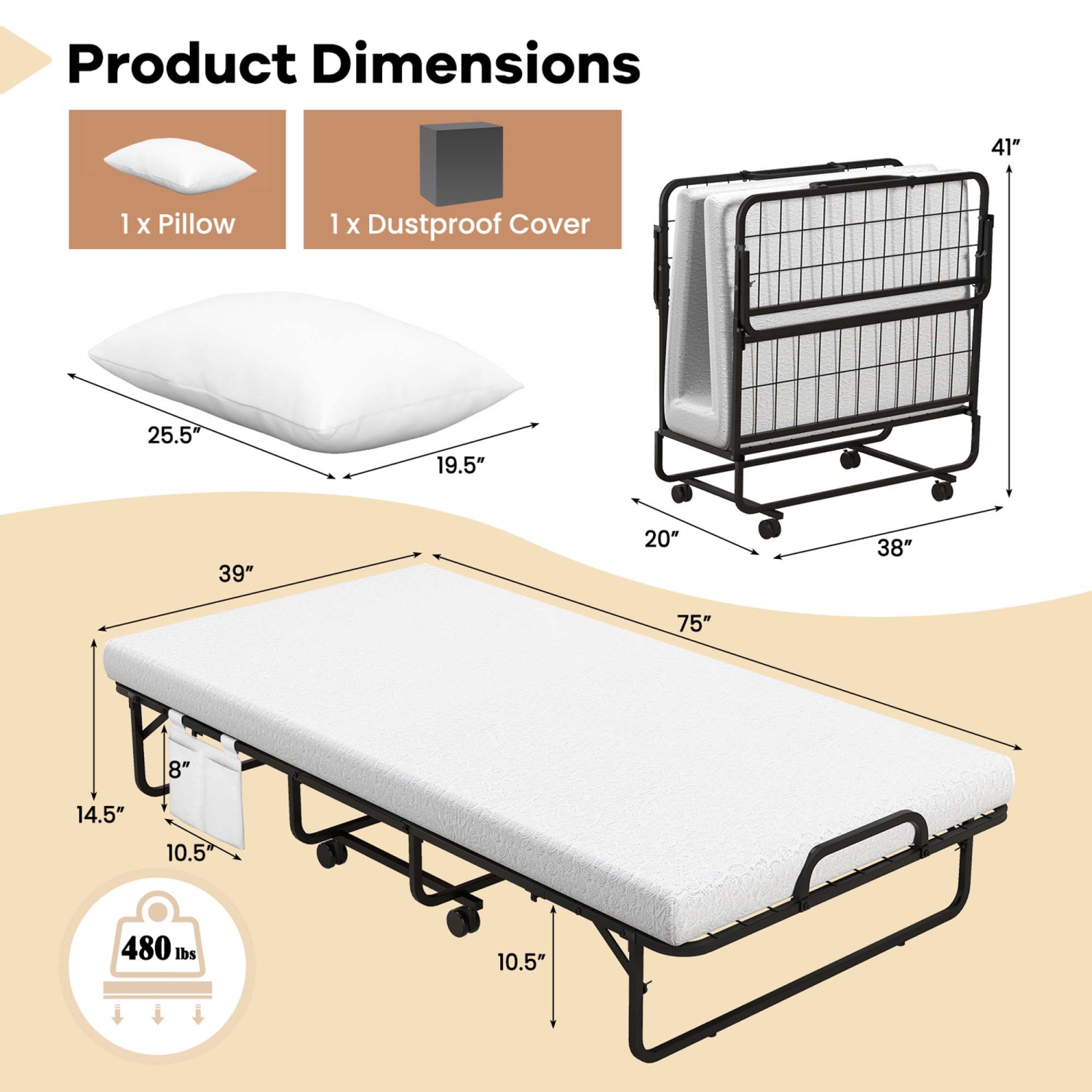 Costway 75" x 39" Folding Bed with Memory Foam Mattress & Pillow Dust Cover Metal Frame