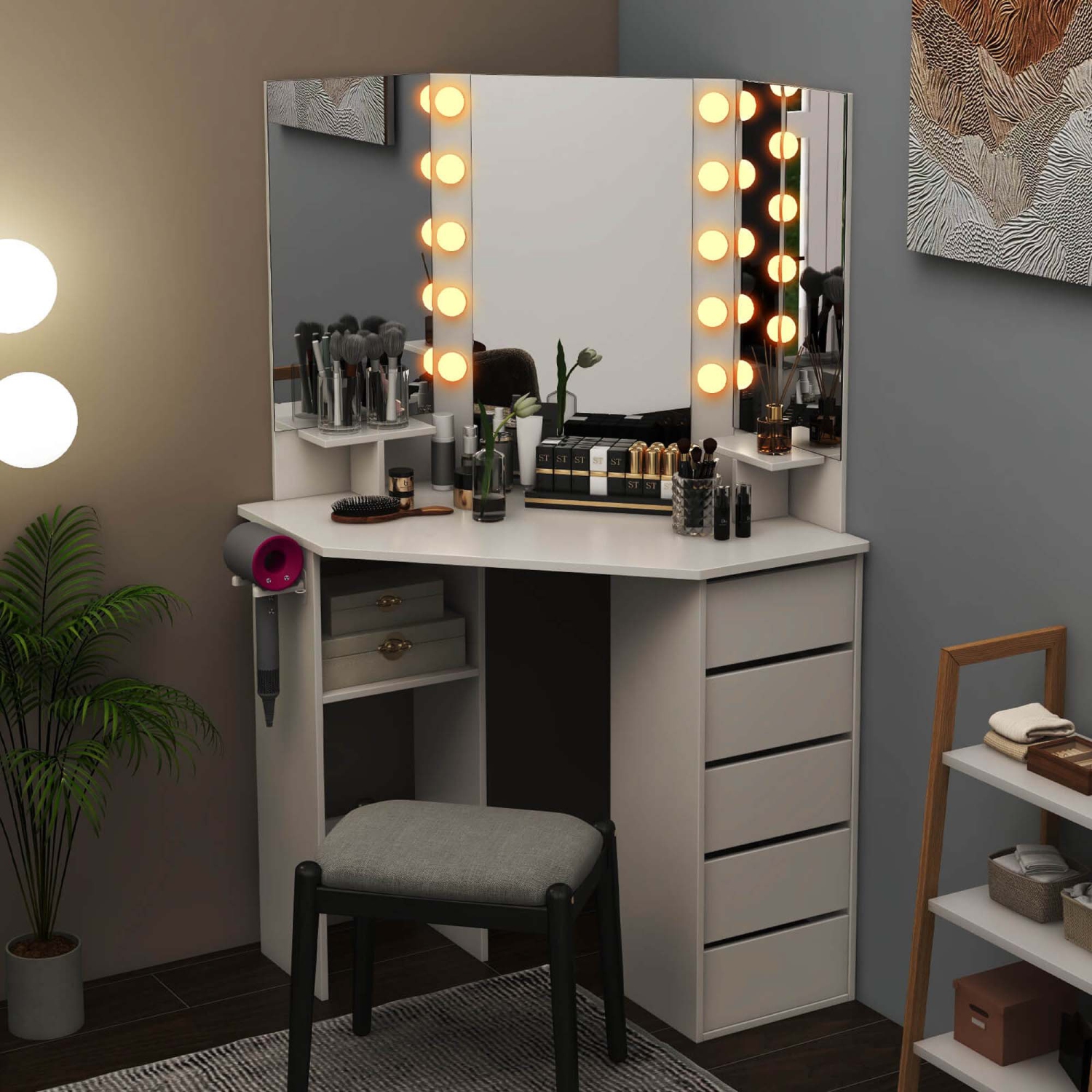 Coiffeuse en coin avec miroir LED et prises d'alimentation de Costway