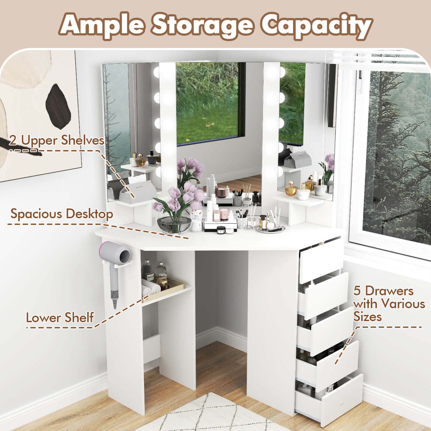 Coiffeuse en coin avec miroir LED et prises d'alimentation de Costway