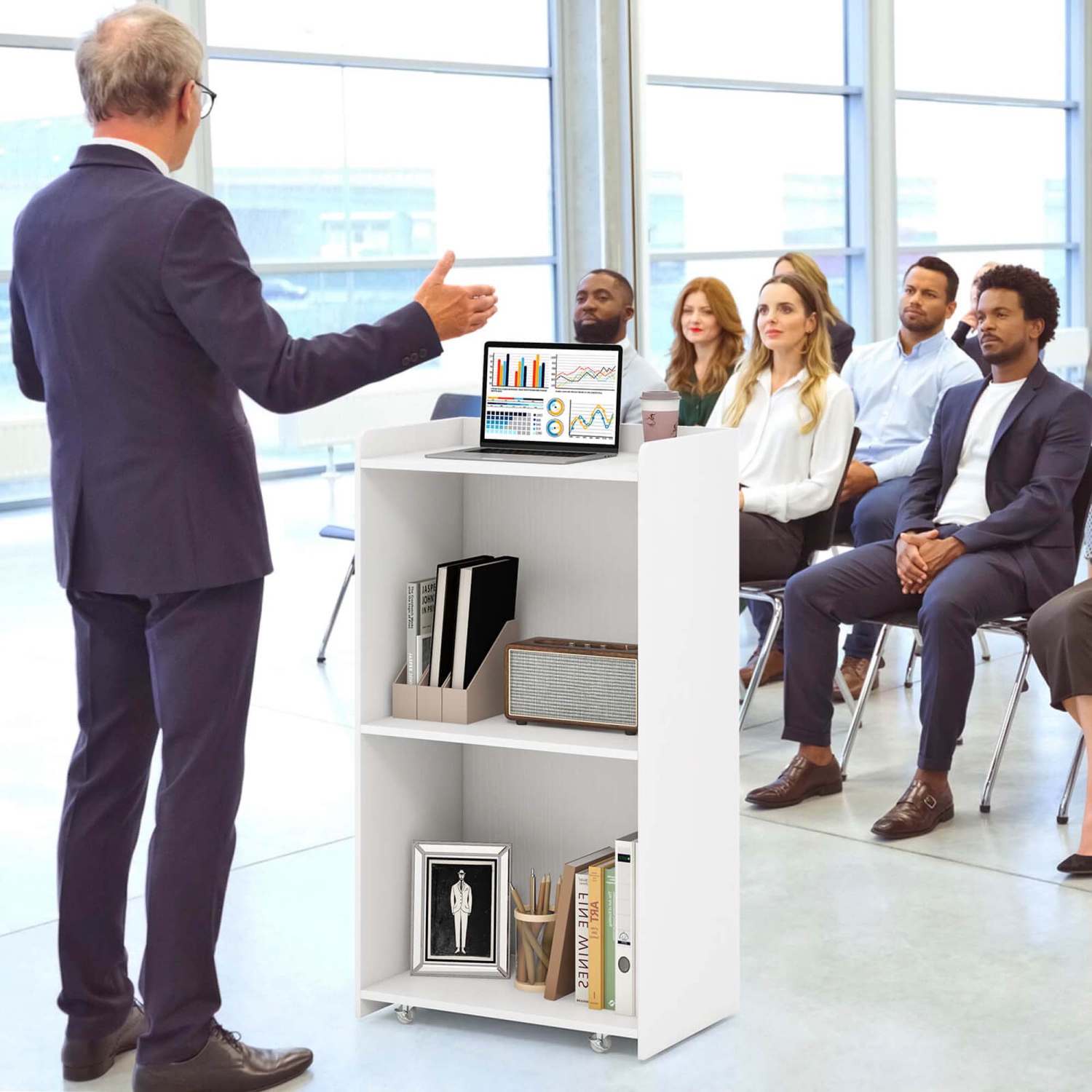 Costway 41" Presentation Podium with 2 Storage Shelves Laptop Computer Cart 4 Casters Black/White