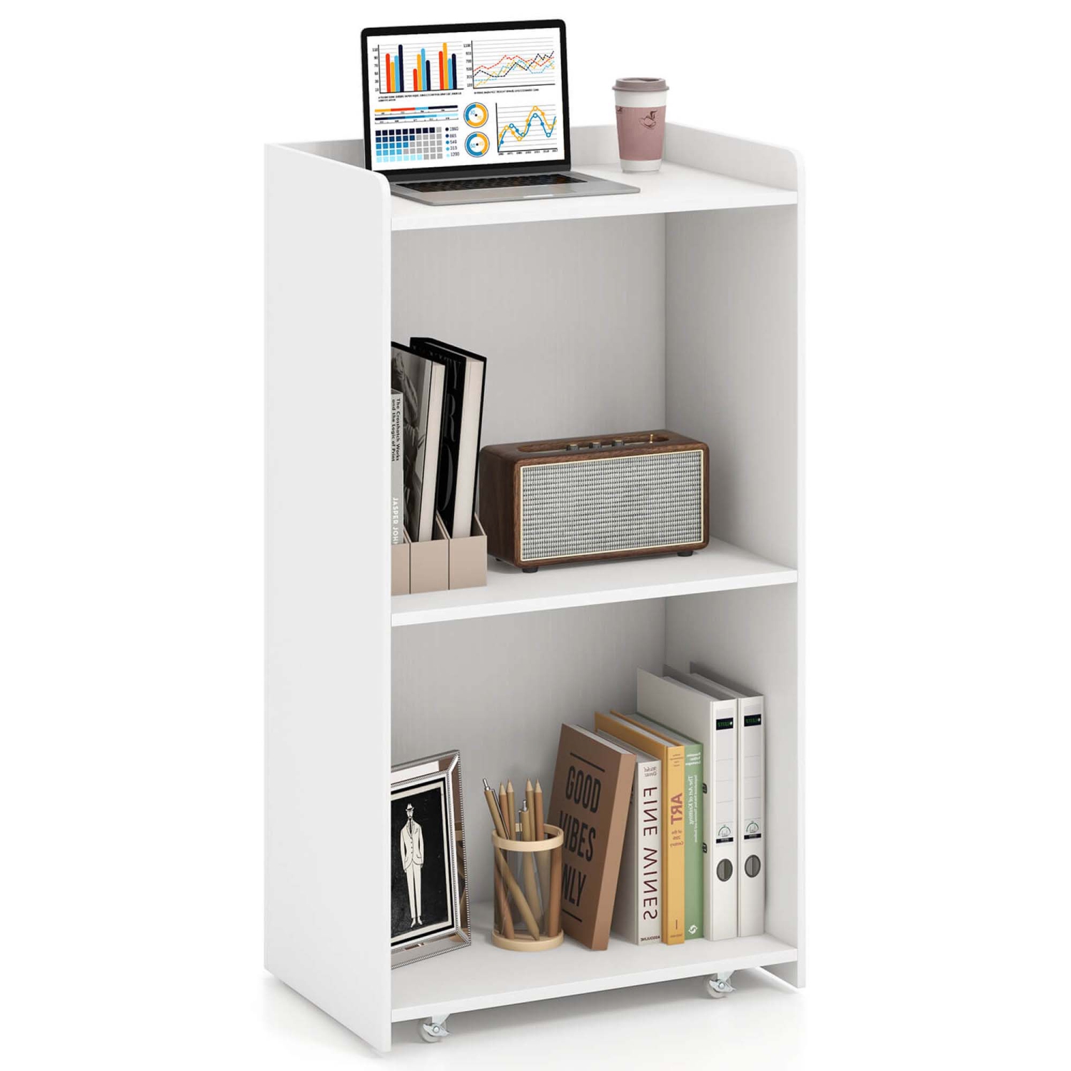 Costway 41" Presentation Podium with 2 Storage Shelves Laptop Computer Cart 4 Casters Black/White