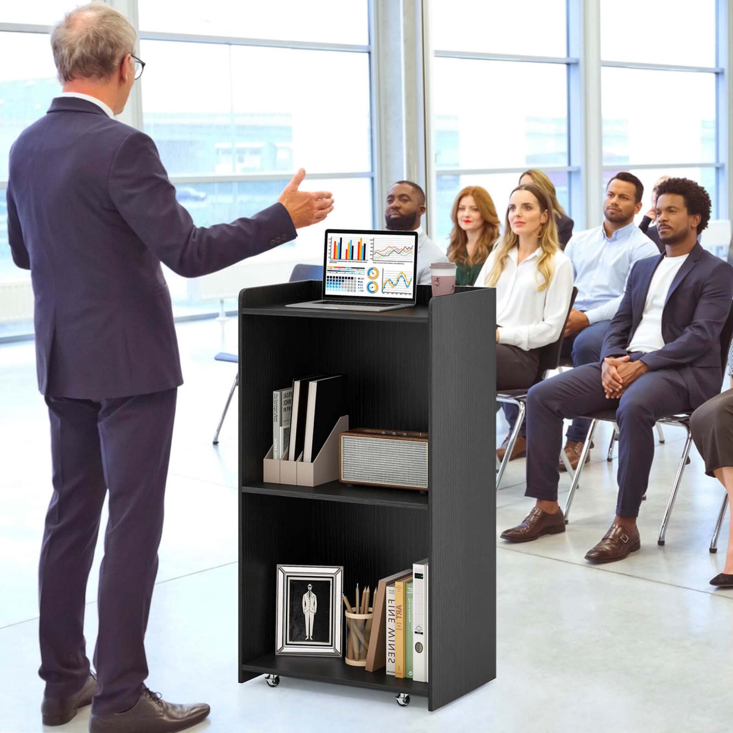 Costway 41" Presentation Podium with 2 Storage Shelves Laptop Computer Cart 4 Casters Black/White