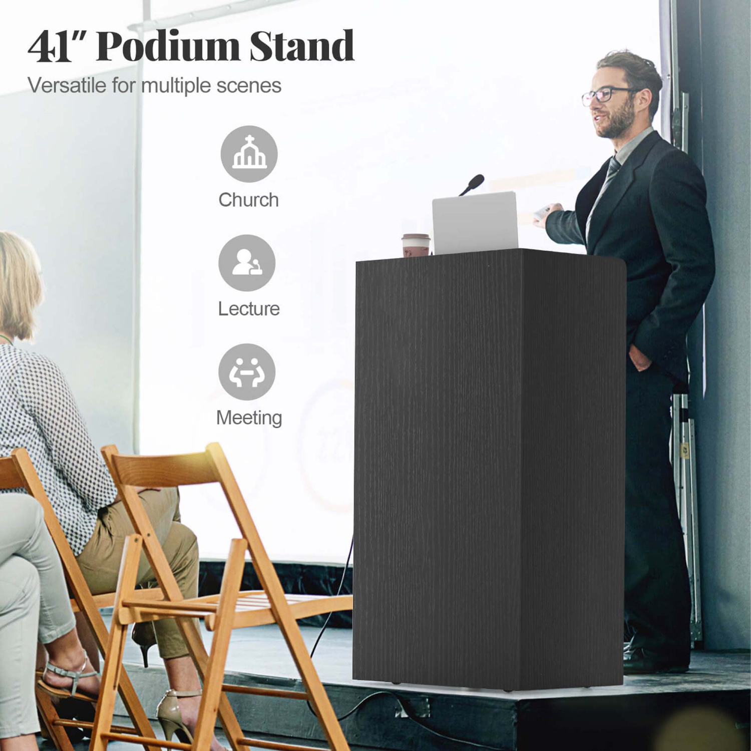 Costway 41" Presentation Podium with 2 Storage Shelves Laptop Computer Cart 4 Casters Black/White