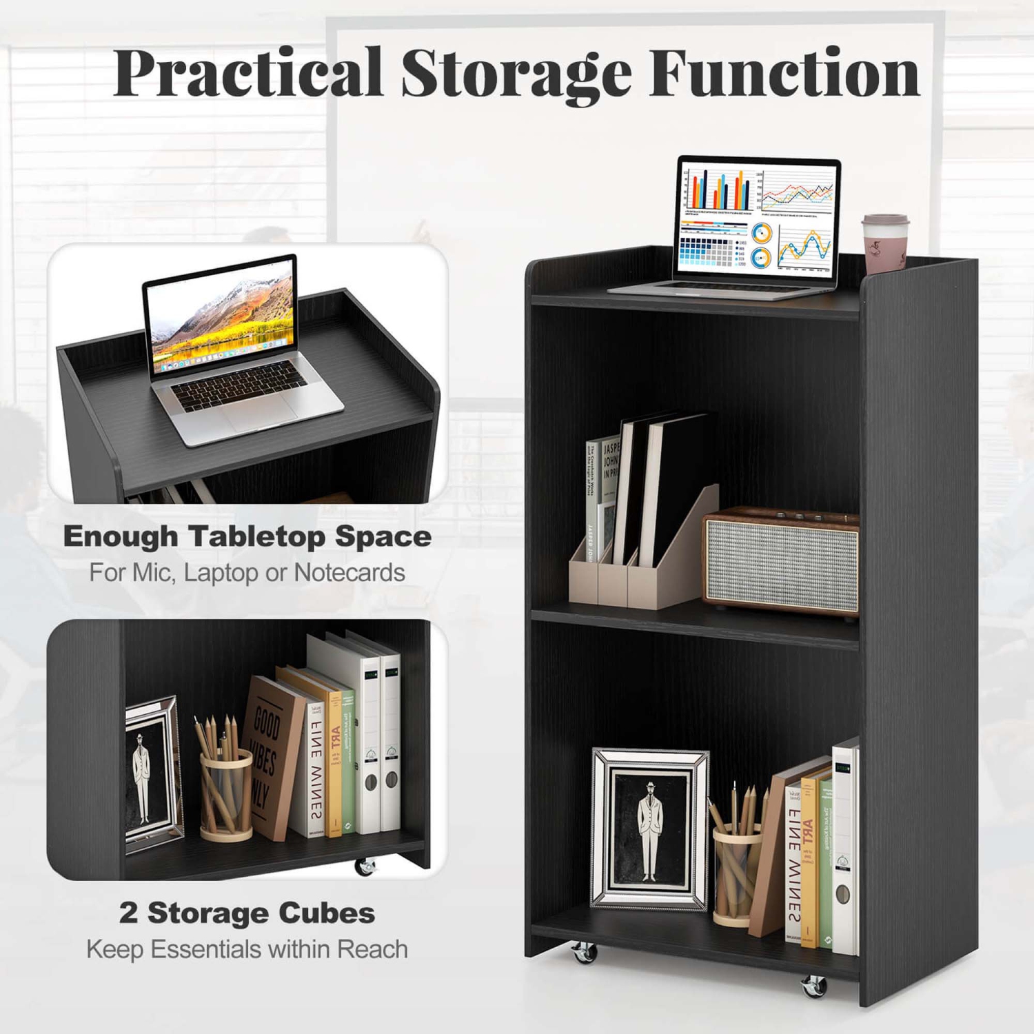 Costway 41" Presentation Podium with 2 Storage Shelves Laptop Computer Cart 4 Casters Black/White