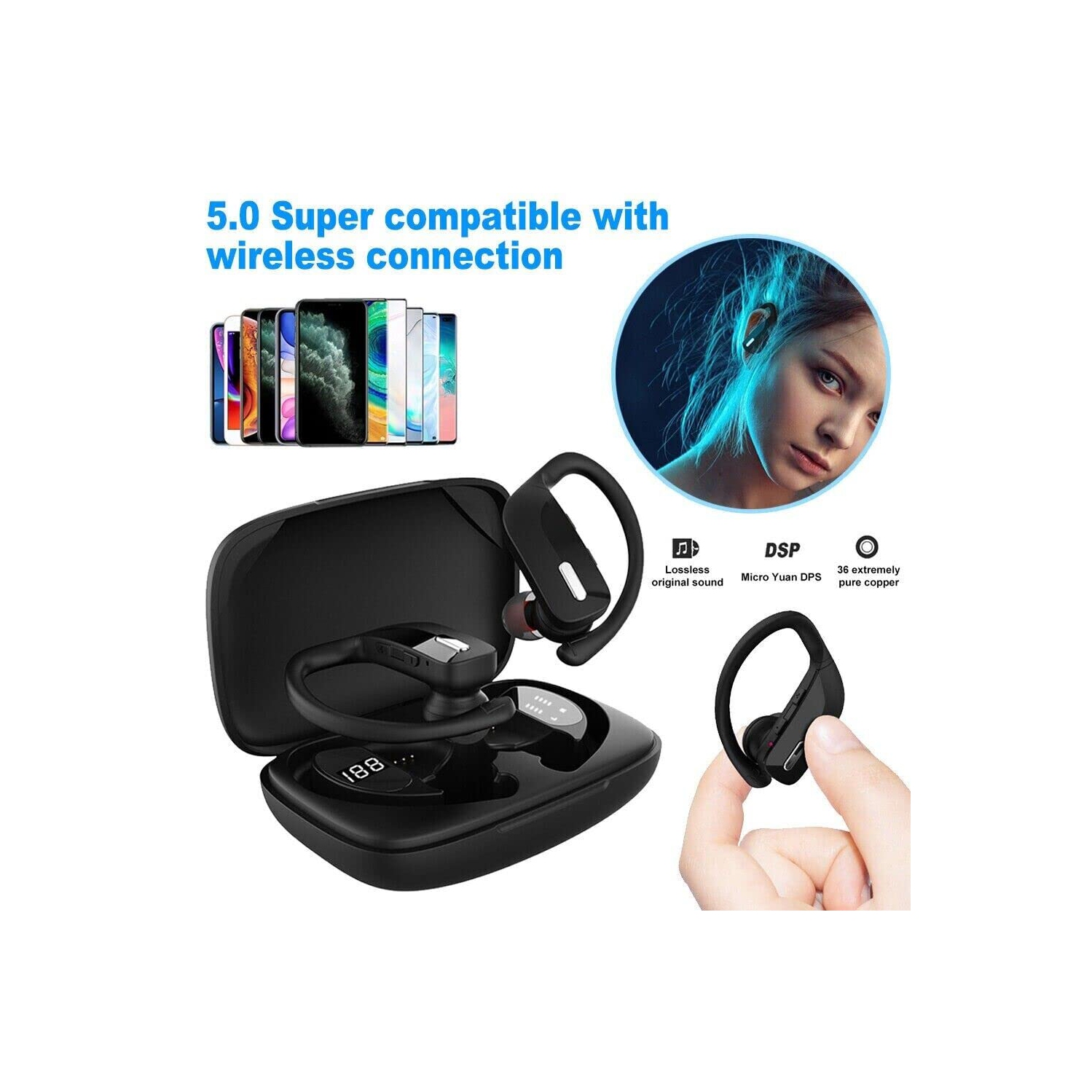 Wireless Earbuds Bluetooth Headphones Sport Earphones with LED Display Over-Ear Buds with Earhooks Built-in Mic Headset for Workout