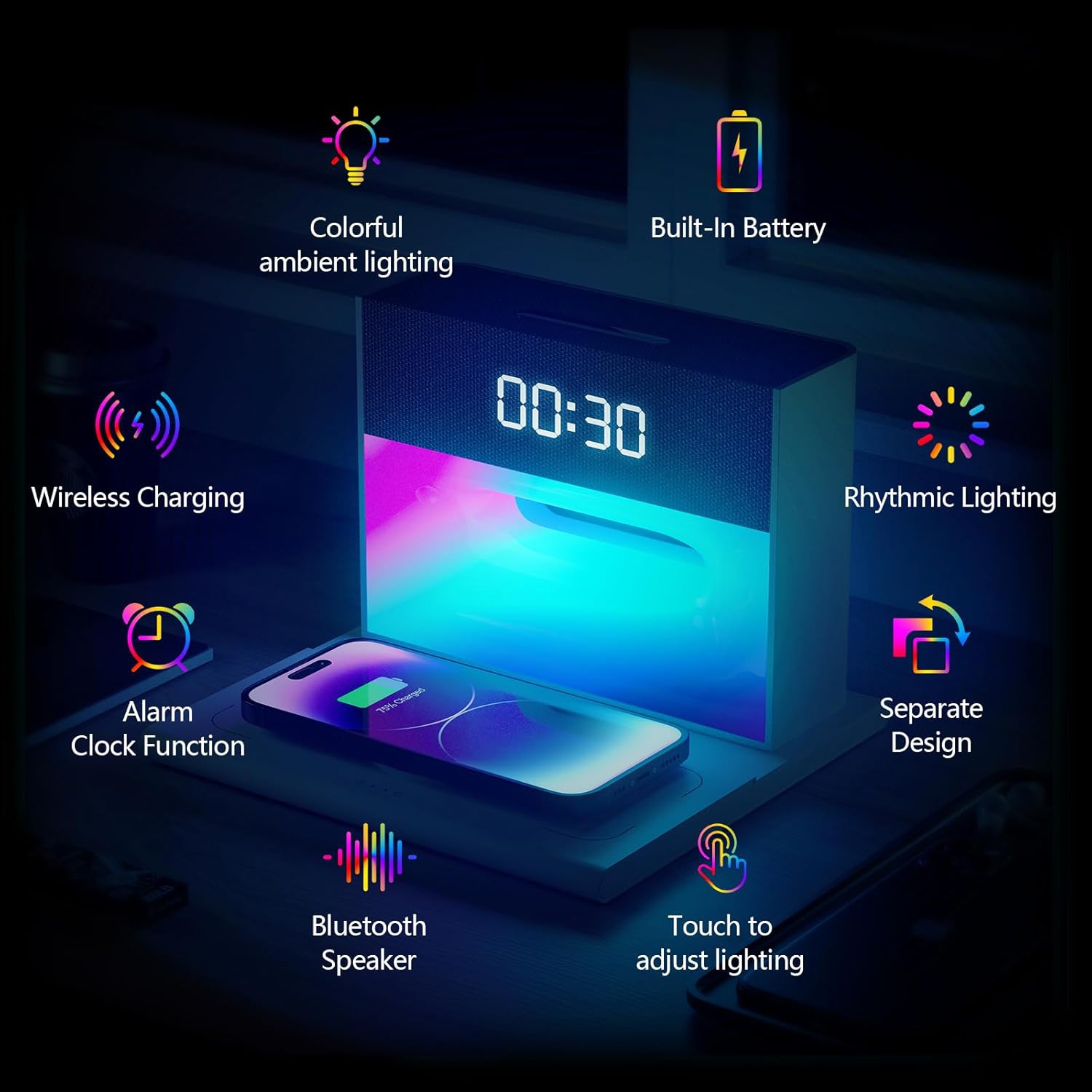 Alarm Clock with Wireless Bluetooth Speaker,Alarm Clock with Wireless Charging,4-in-1 Touch Bedside Lamp,Bluetooth Alarm Clock for Bedroom