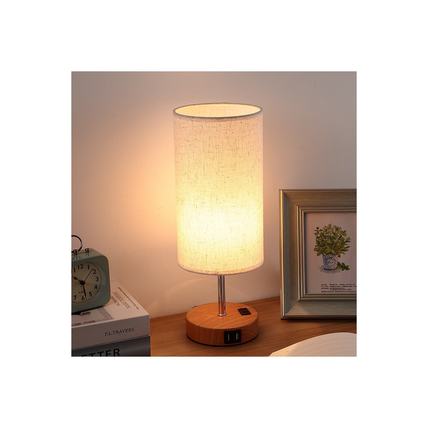 Touch table lamp, LED three-speed dimming bedroom bedside lamp, fabric decorative lamp stepless adjustment, dual USB charging port, 5w dimmable bulb, wood grain color