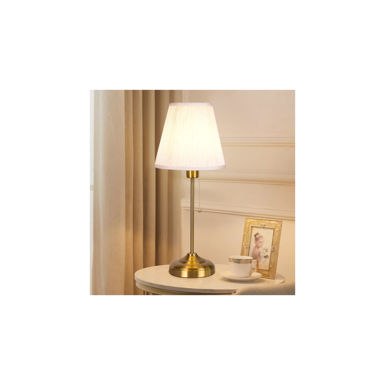 Lampe de table de restaurant traditionnelle en or avec abat-jour en tissu et interrupteur de chaîne chambre à coucher salon lampe de table, lampe de