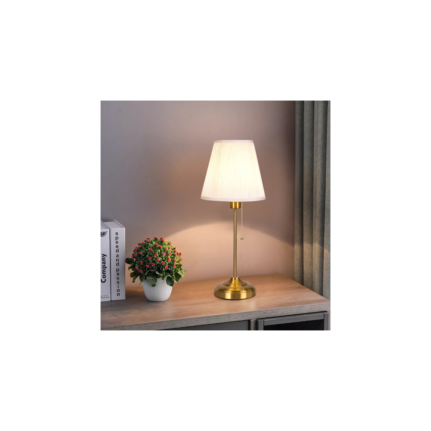 Lampe de table de restaurant traditionnelle en or avec abat-jour en tissu et interrupteur de chaîne chambre à coucher salon lampe de table, lampe de