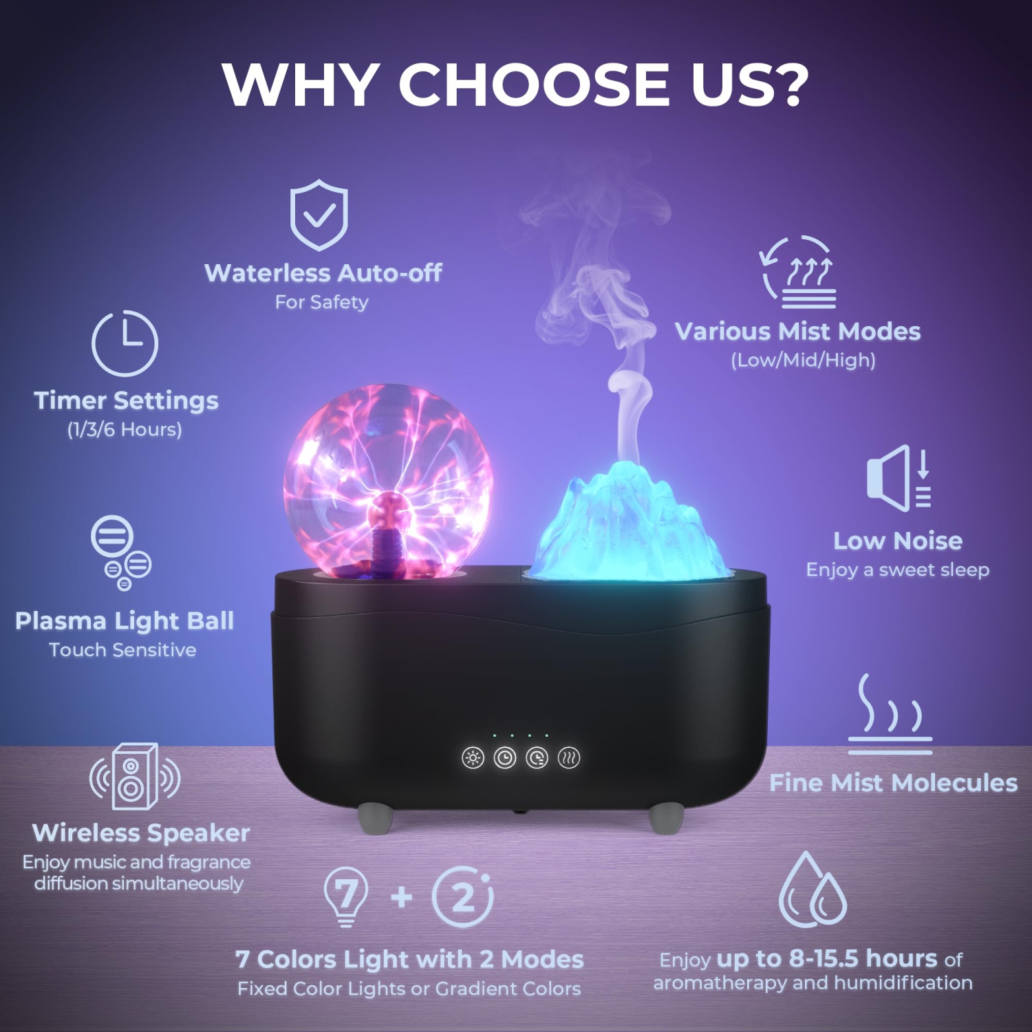 Diffuseur d'huile essentielle, diffuseur d'aromathérapie pour chambre à coucher avec haut-parleur Bluetooth sans fil, lumière LED 7 couleurs et plasma