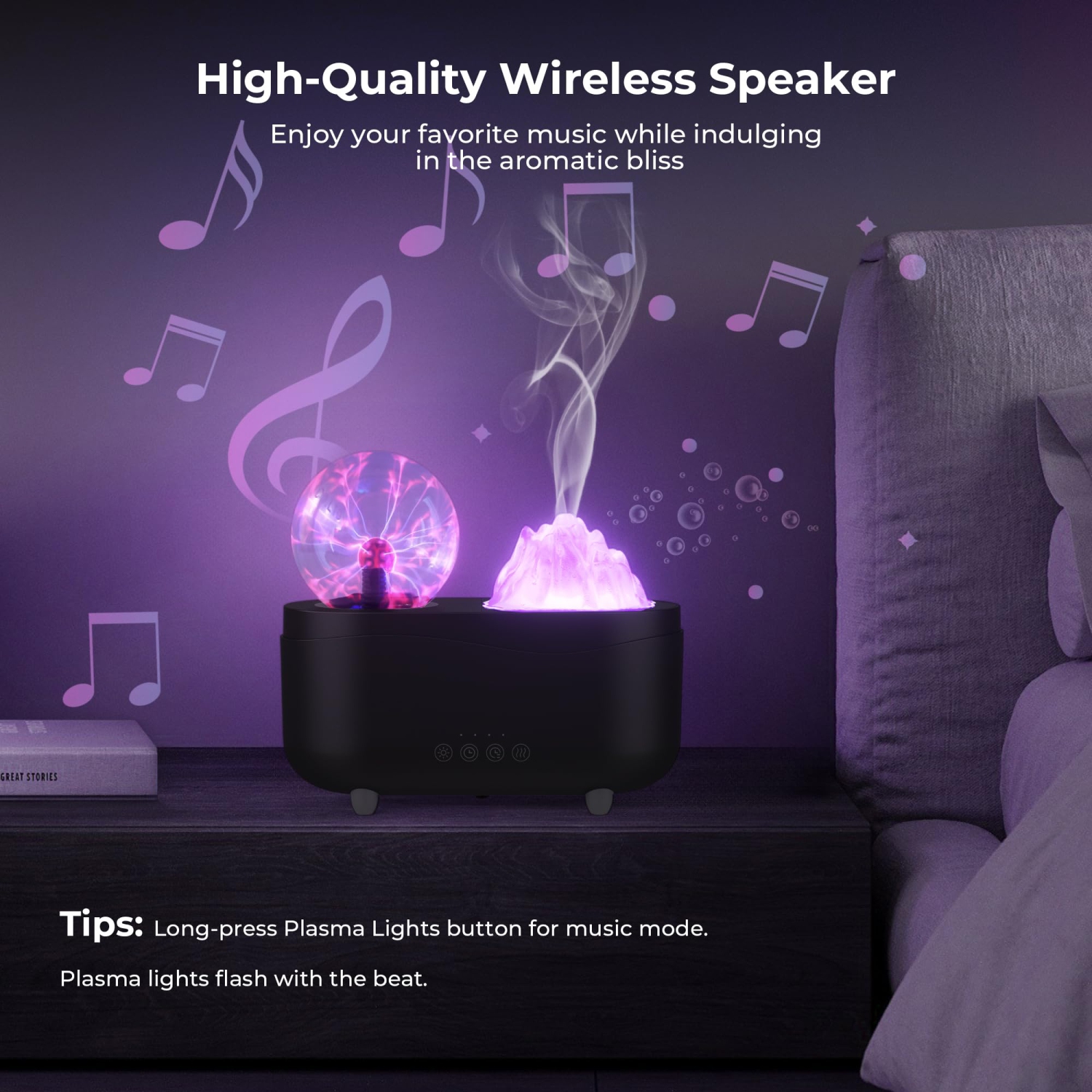 Diffuseur d'huile essentielle, diffuseur d'aromathérapie pour chambre à coucher avec haut-parleur Bluetooth sans fil, lumière LED 7 couleurs et plasma