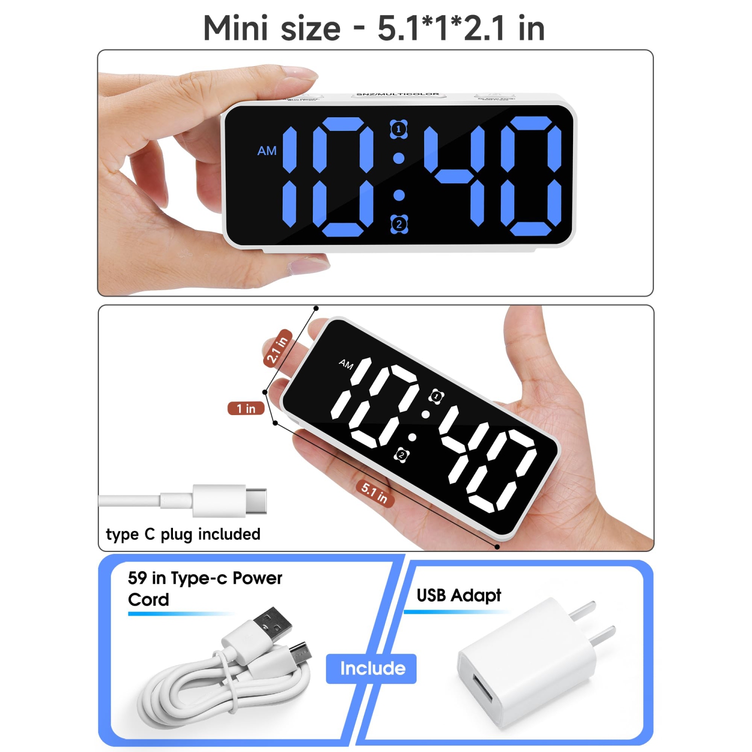 Small Super Loud Alarm Clock for Bedrooms,Plug in Simple Digital Alarm Clocks with Large RGB Colorful Display,Dual Alarms,Dimmer