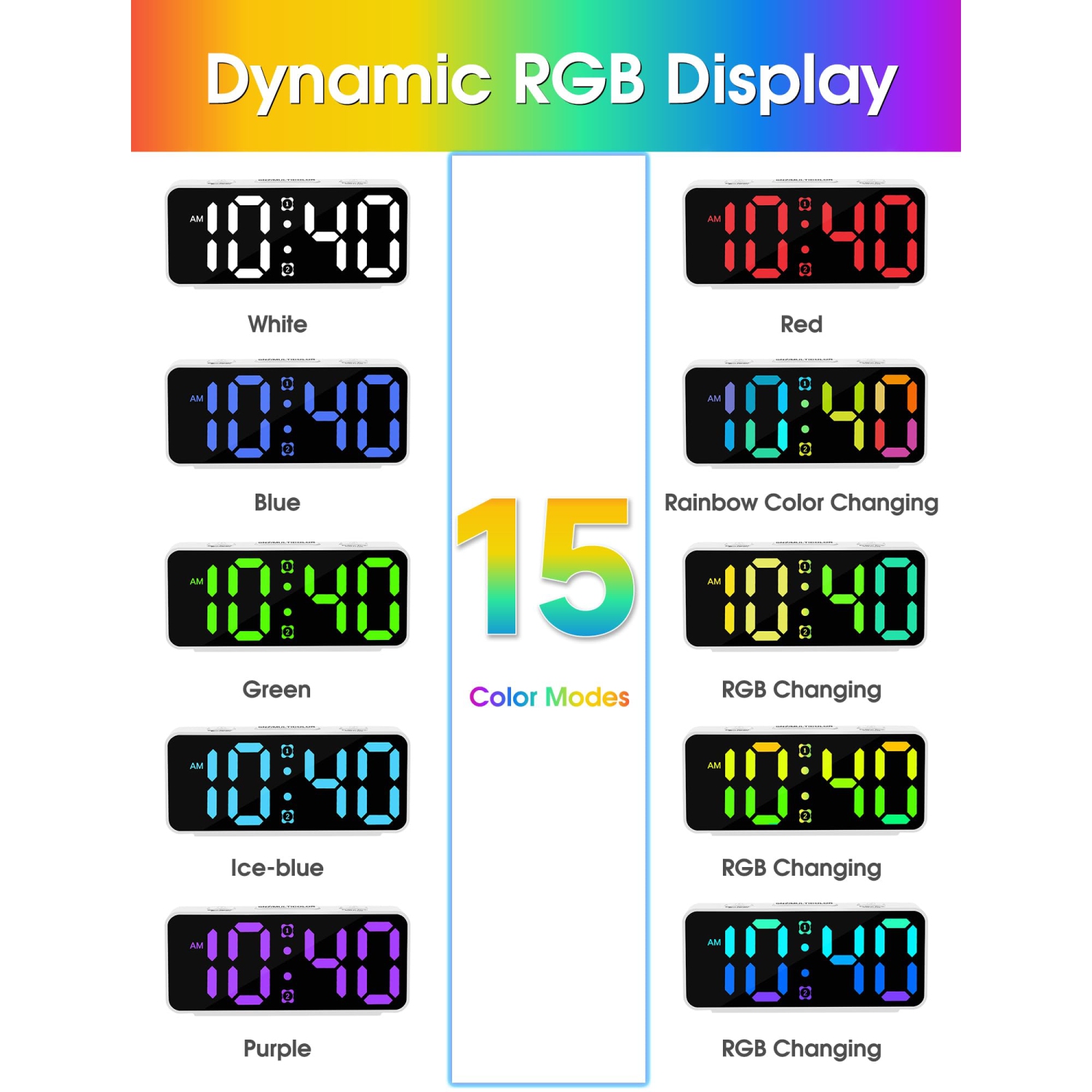 Small Super Loud Alarm Clock for Bedrooms,Plug in Simple Digital Alarm Clocks with Large RGB Colorful Display,Dual Alarms,Dimmer