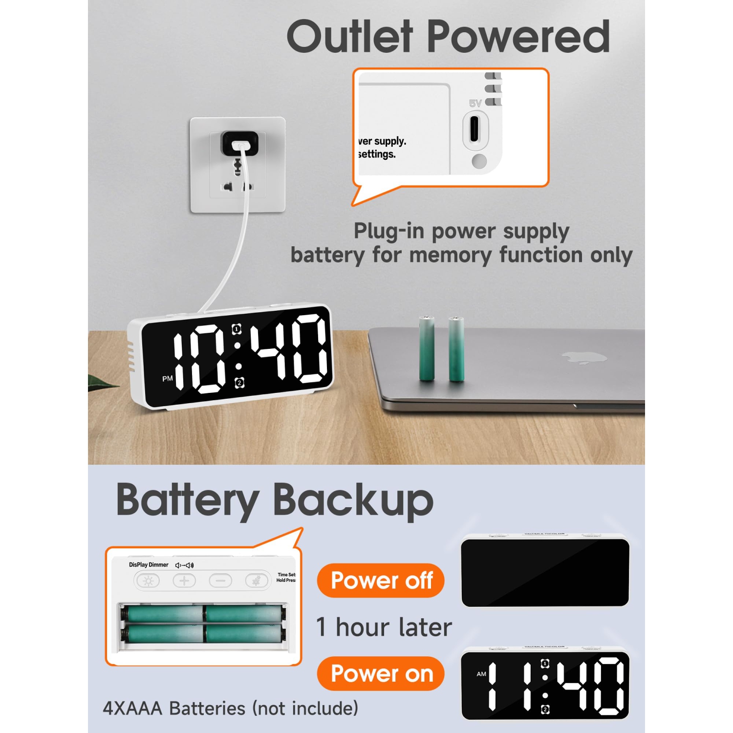 Small Super Loud Alarm Clock for Bedrooms,Plug in Simple Digital Alarm Clocks with Large RGB Colorful Display,Dual Alarms,Dimmer