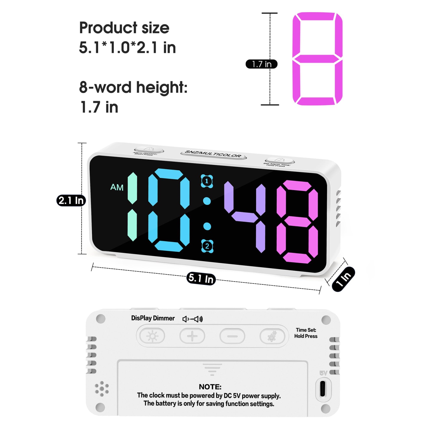 Small Super Loud Alarm Clock for Bedrooms,Plug in Simple Digital Alarm Clocks with Large RGB Colorful Display,Dual Alarms,Dimmer