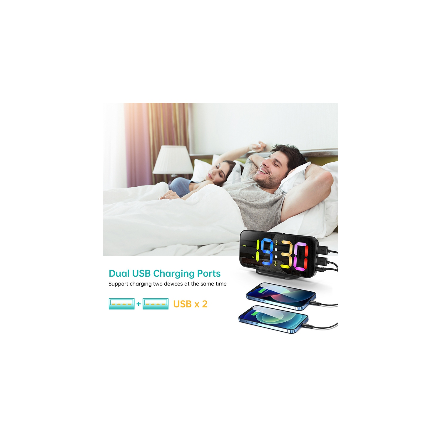 Small Super Loud Alarm Clock for Bedrooms,Plug in Simple Digital Alarm Clocks with Large RGB Colorful Display,Dual Alarms,Dimmer