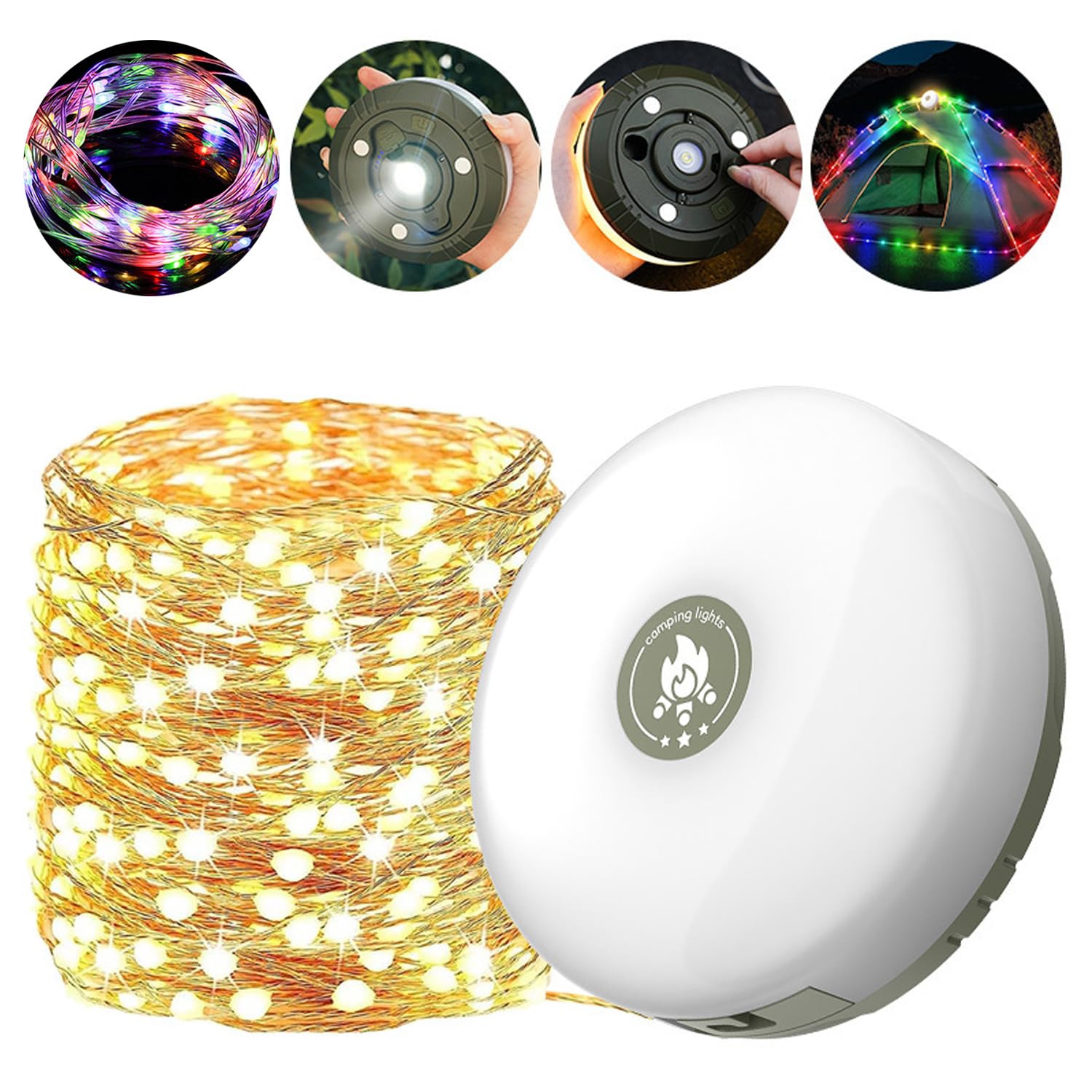 Guirlande de lumières de camping multifonctionnelle avec guirlande lumineuse, guirlande de lumières de tente LED pour urgence, extérieur, randonnée