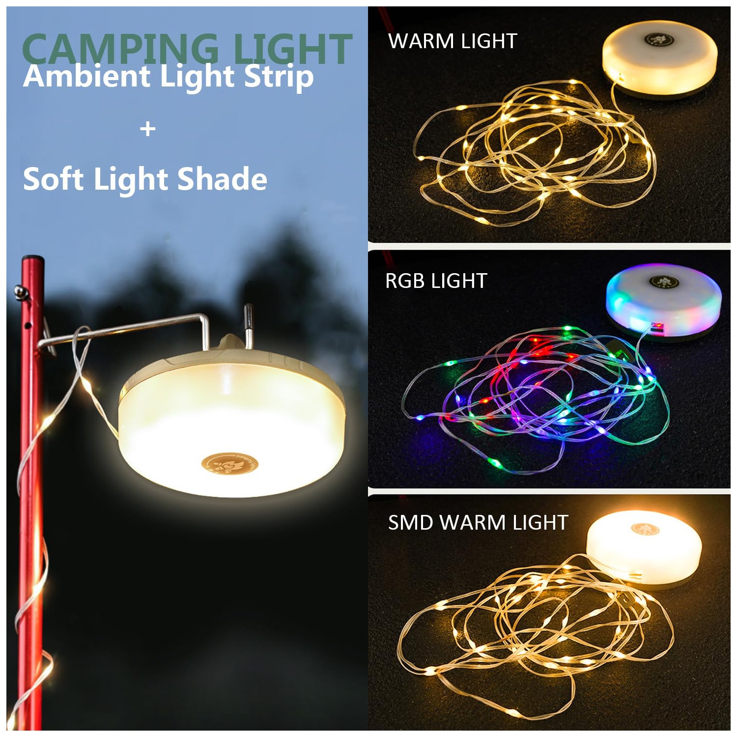 Guirlande de lumières de camping multifonctionnelle avec guirlande lumineuse, guirlande de lumières de tente LED pour urgence, extérieur, randonnée