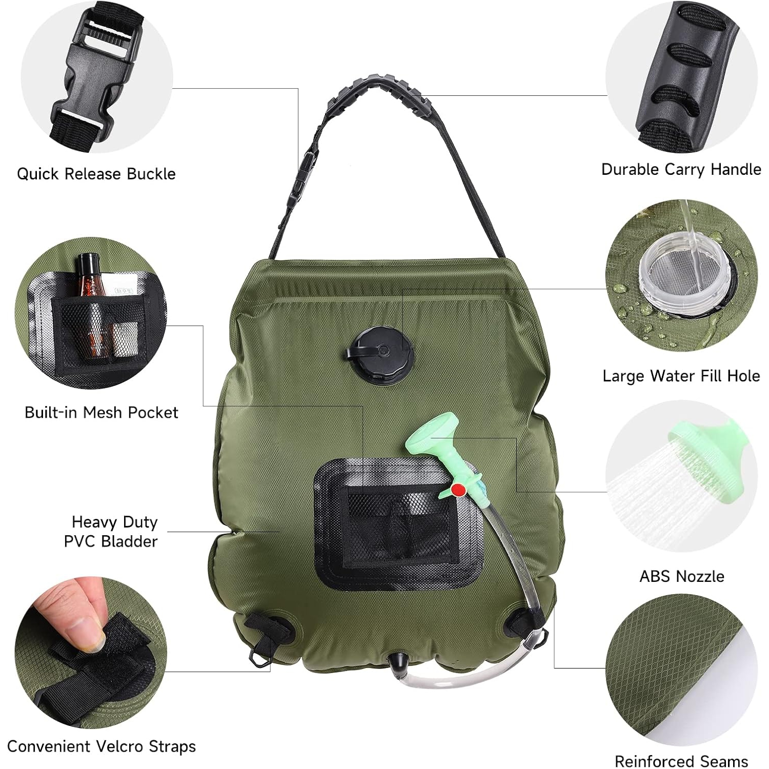 Portable Shower Bag 20L Solar Heating Camping Shower Bag Compact Outdoor Shower for Hiking Beach Swimming-Green