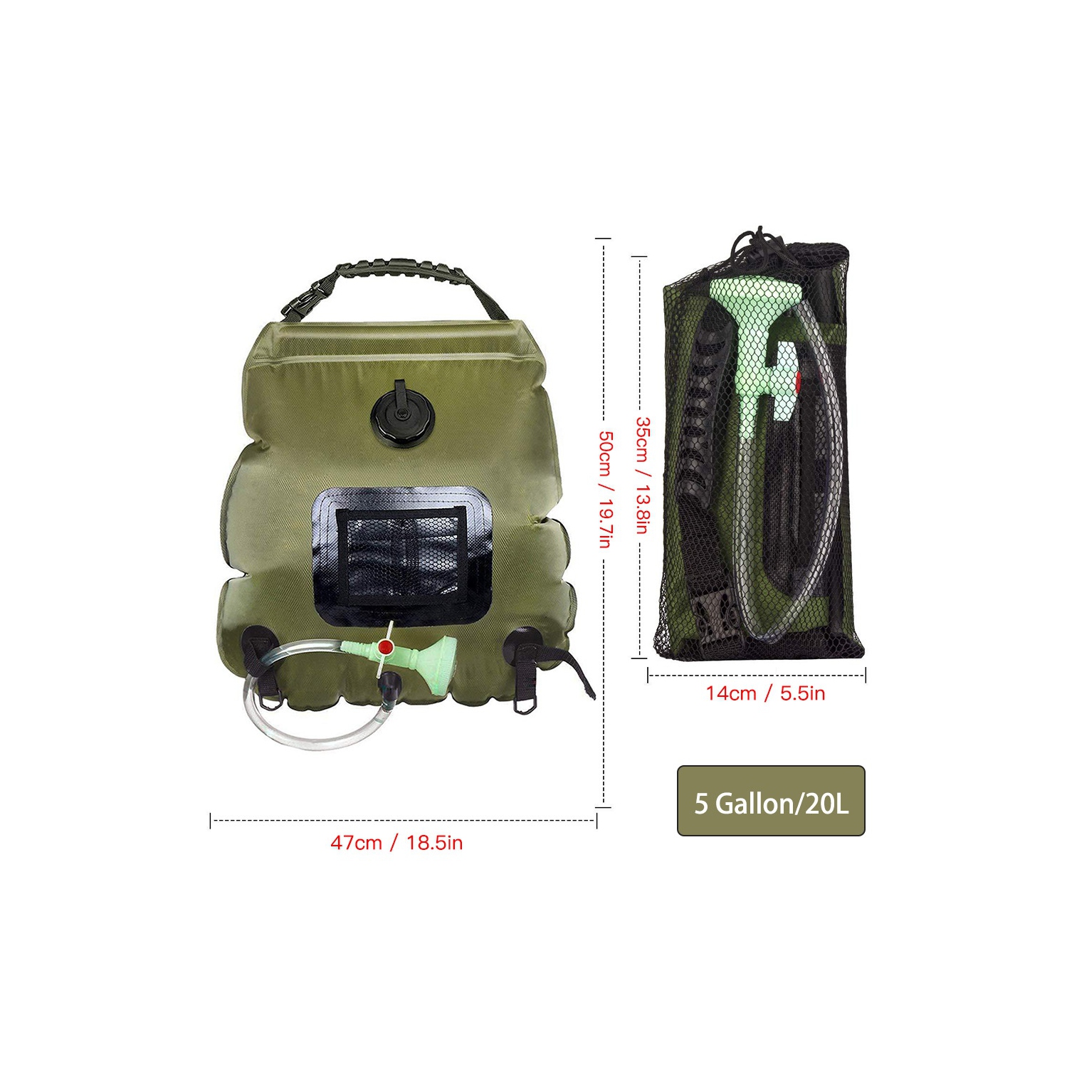Portable Shower Bag 20L Solar Heating Camping Shower Bag Compact Outdoor Shower for Hiking Beach Swimming-Green