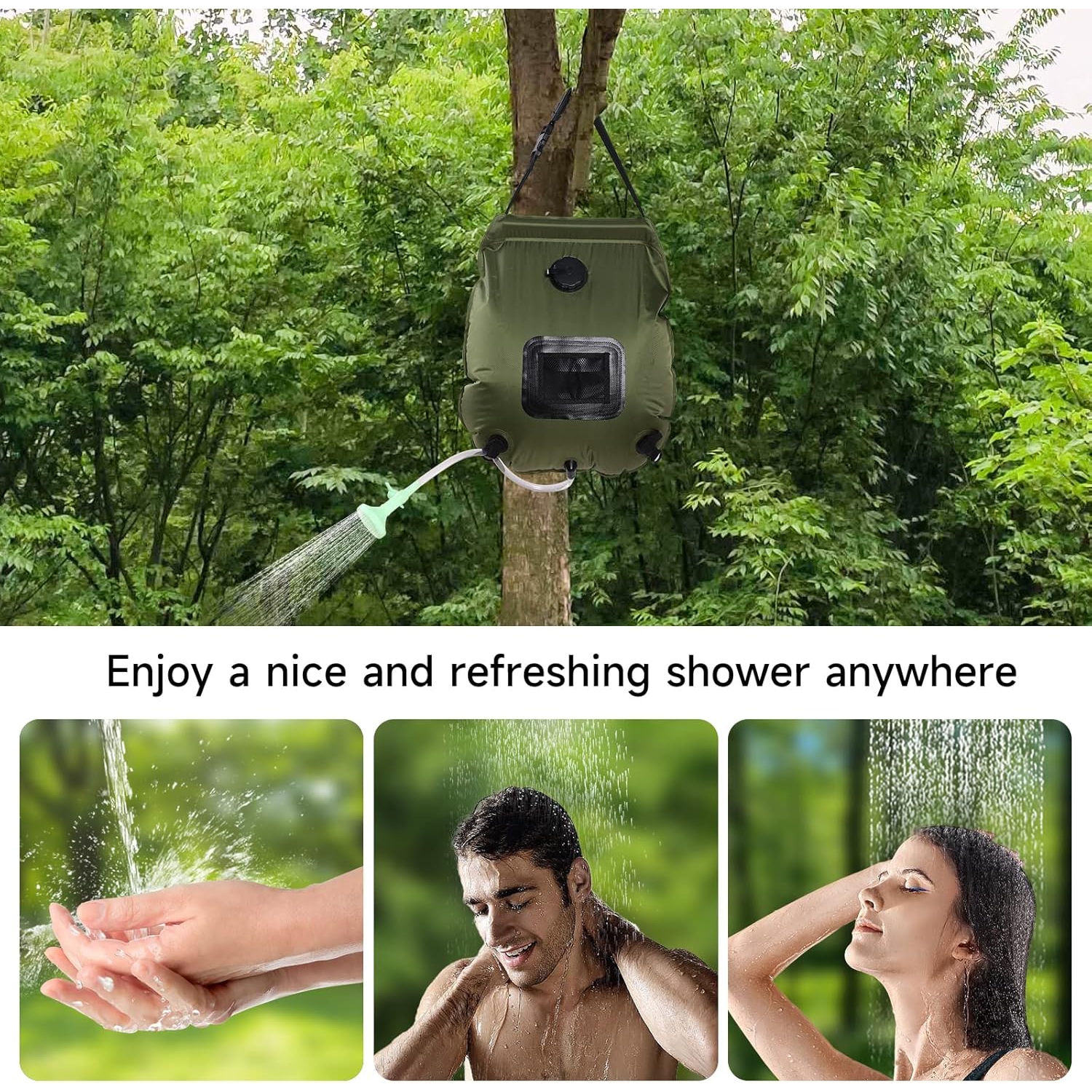 Portable Shower Bag 20L Solar Heating Camping Shower Bag Compact Outdoor Shower for Hiking Beach Swimming-Green