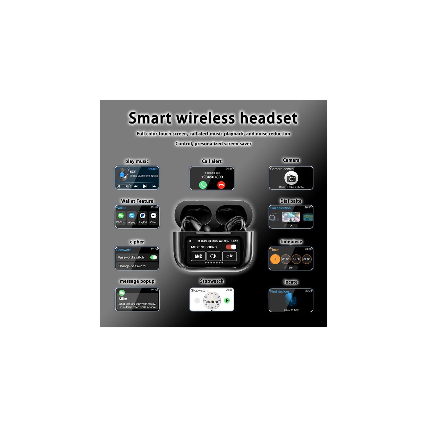 New Bluetooth headset a9Pro wireless Ai translation ANC noise reduction A9Pro black in-ear multi-function touch screen wireless Bluetooth headset