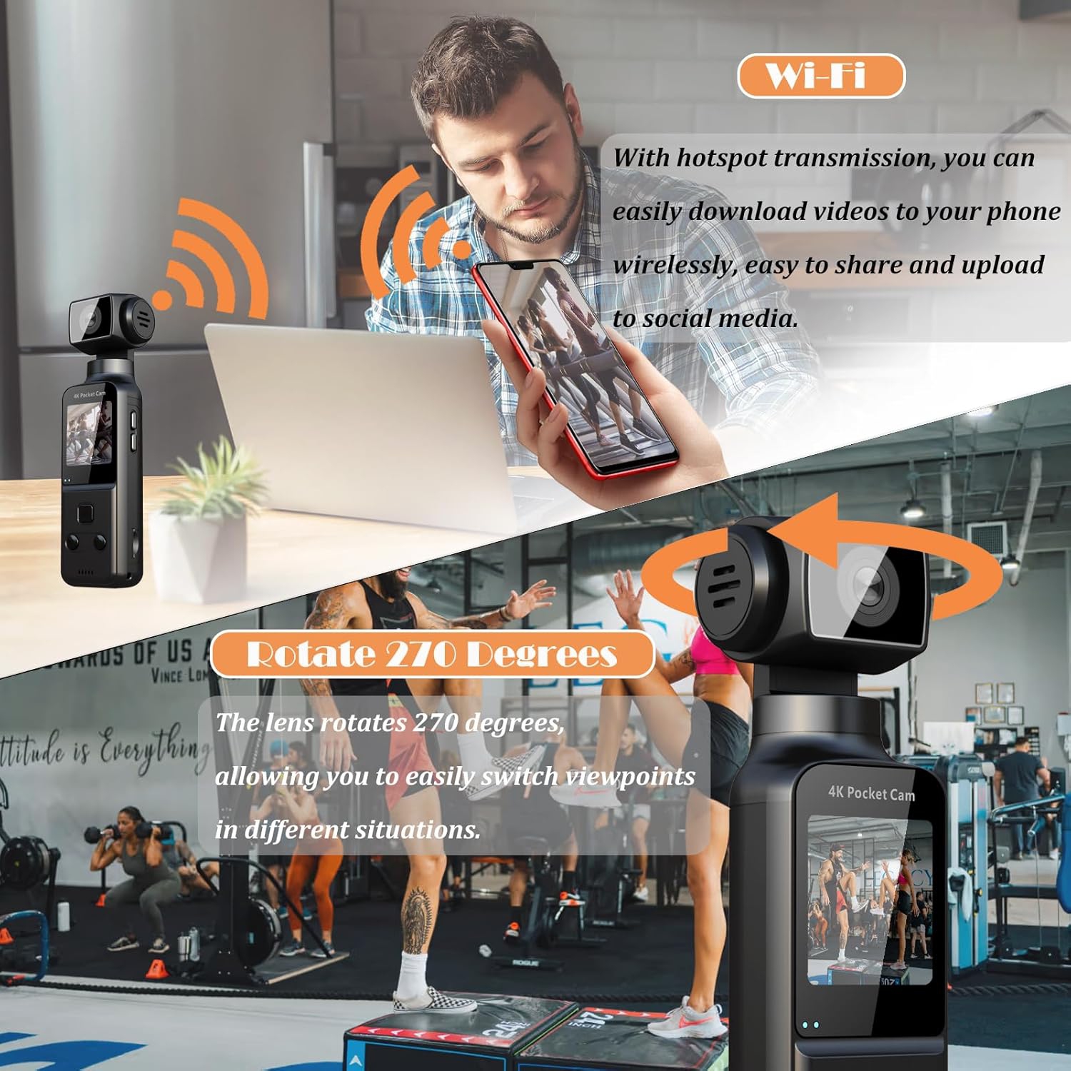 4K Full Body CameraMini Audio and Video Pocket Camera270° Rotating CameraHandheld CameraPortable WiFi Back Clip CameraLaw Enforcement RecorderOutdoor