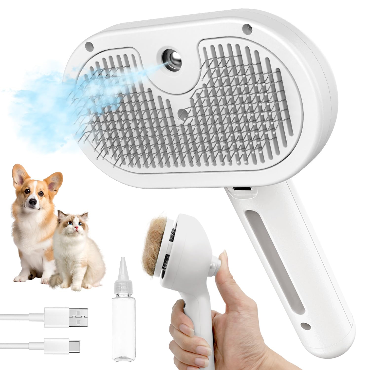 3-in-1 Self-Cleaning Steam Pet Brush - Anti-Static, Grooming Tool for Long and Short Haired Pets, Removes Loose Hair, Reduces Shedding, White