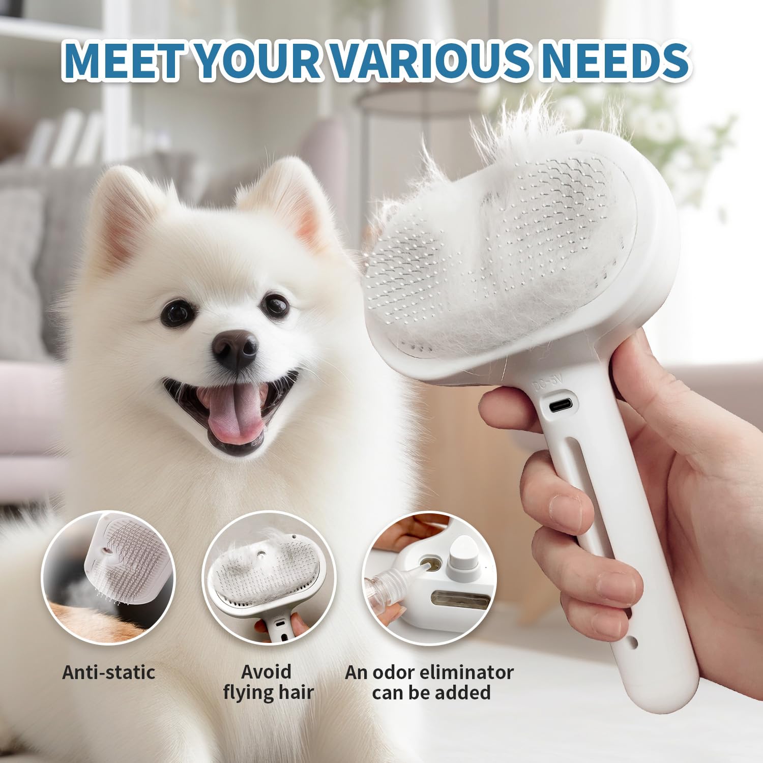 3-in-1 Self-Cleaning Steam Pet Brush - Anti-Static, Grooming Tool for Long and Short Haired Pets, Removes Loose Hair, Reduces Shedding, White