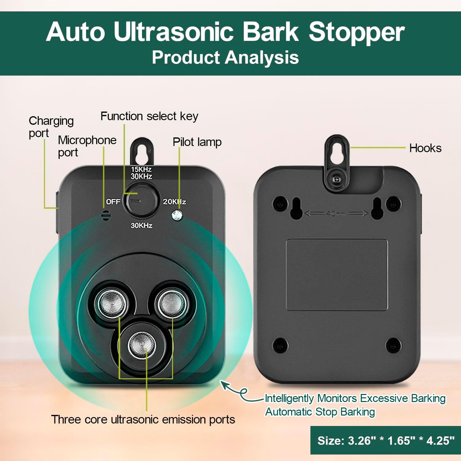 Ultrasonic dog repeller, 3 modes automatic dog barking control device, rechargeable ultrasonic barking box, dog barking deterrent device, effective