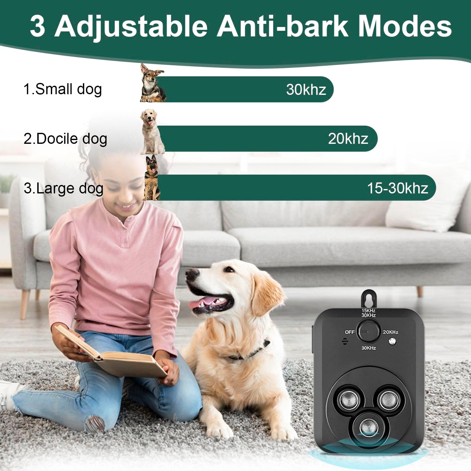 Ultrasonic dog repeller, 3 modes automatic dog barking control device, rechargeable ultrasonic barking box, dog barking deterrent device, effective