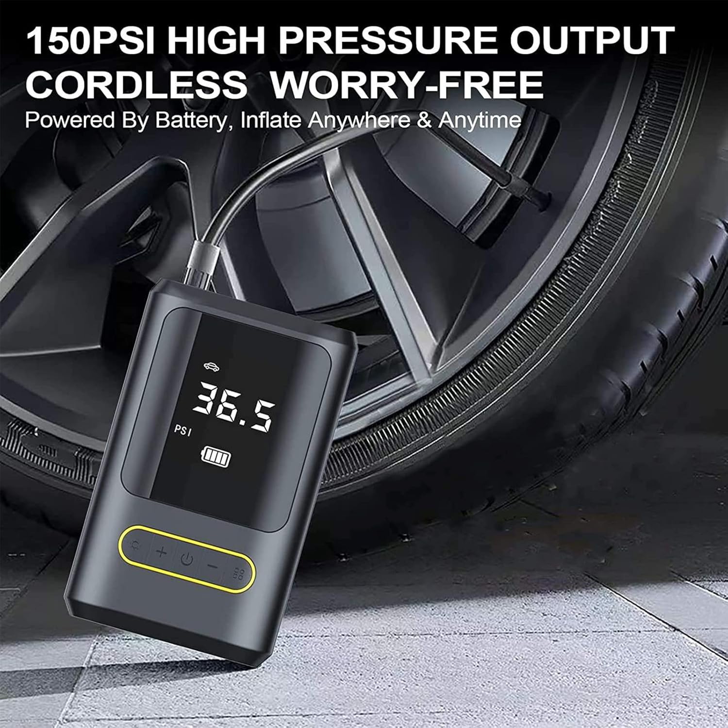 150PSI ultra-fast inflation|4 modes to switch|Dual LED emergency lights|Digital tire pressure display and automatic stop|Long-lasting battery