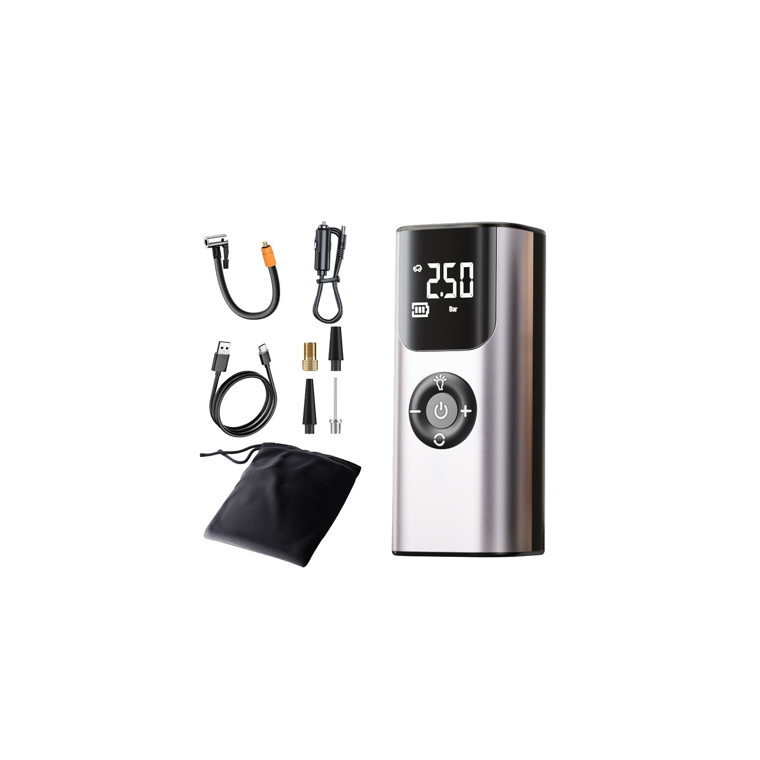 Car fast charging air pump | Mobile power + LED light | 4 mode presets | Digital display | High speed and high pressure inflation | Universal for
