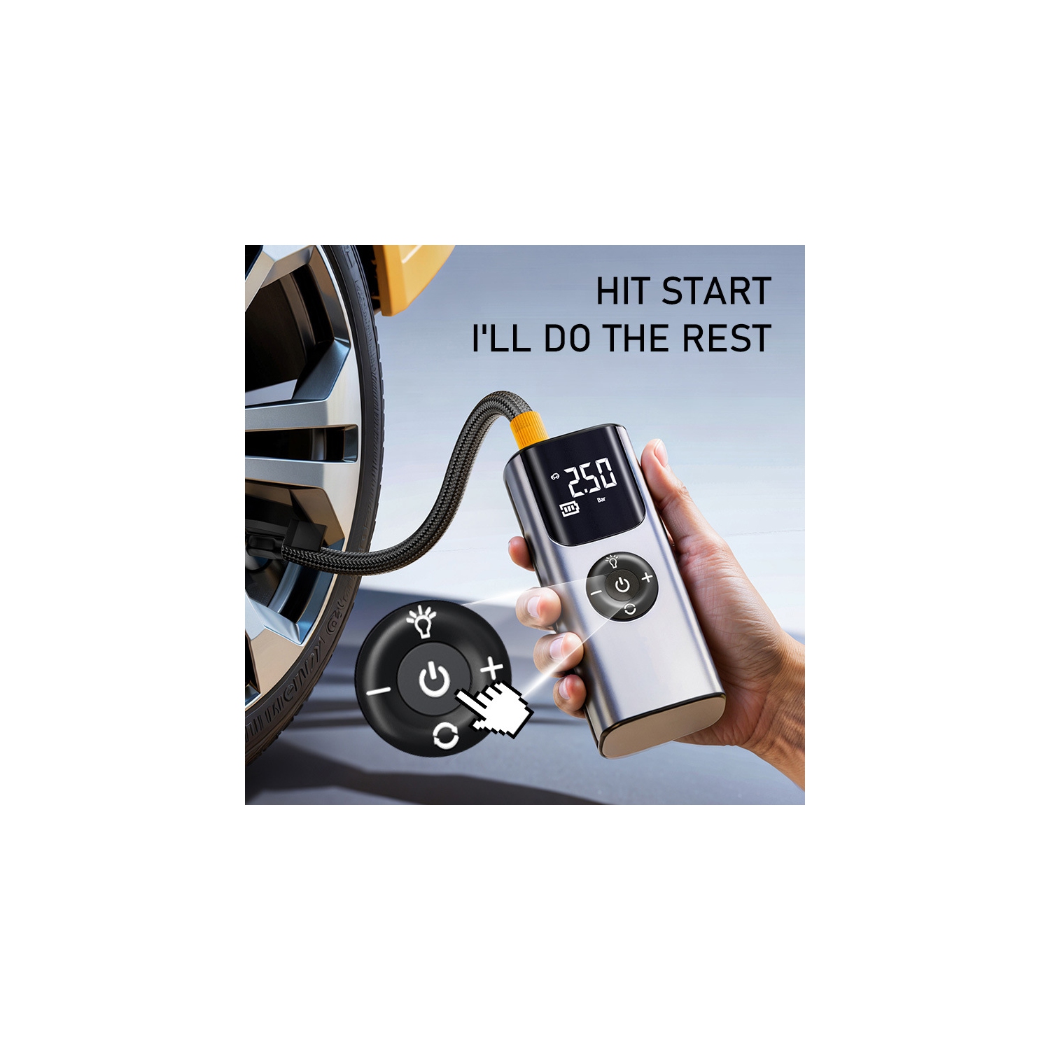 Car fast charging air pump | Mobile power + LED light | 4 mode presets | Digital display | High speed and high pressure inflation | Universal for