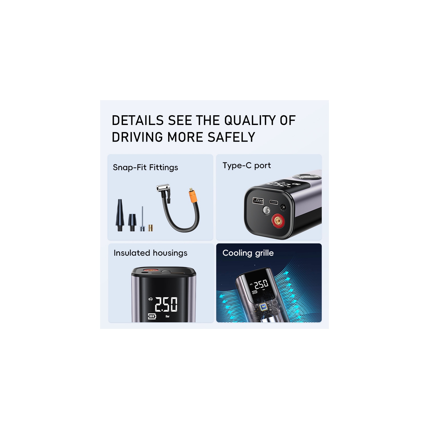 Car fast charging air pump | Mobile power + LED light | 4 mode presets | Digital display | High speed and high pressure inflation | Universal for