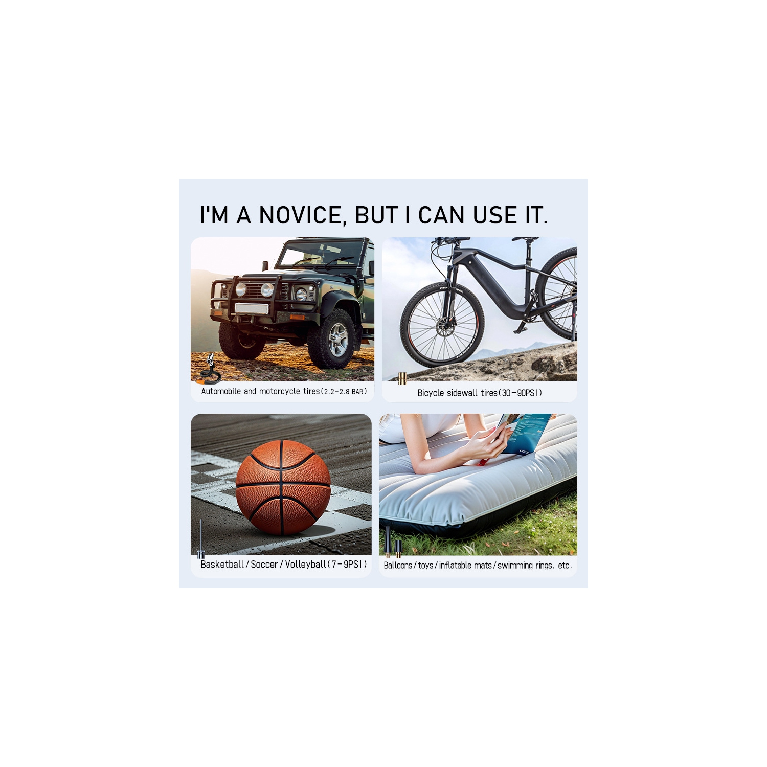 Car fast charging air pump | Mobile power + LED light | 4 mode presets | Digital display | High speed and high pressure inflation | Universal for