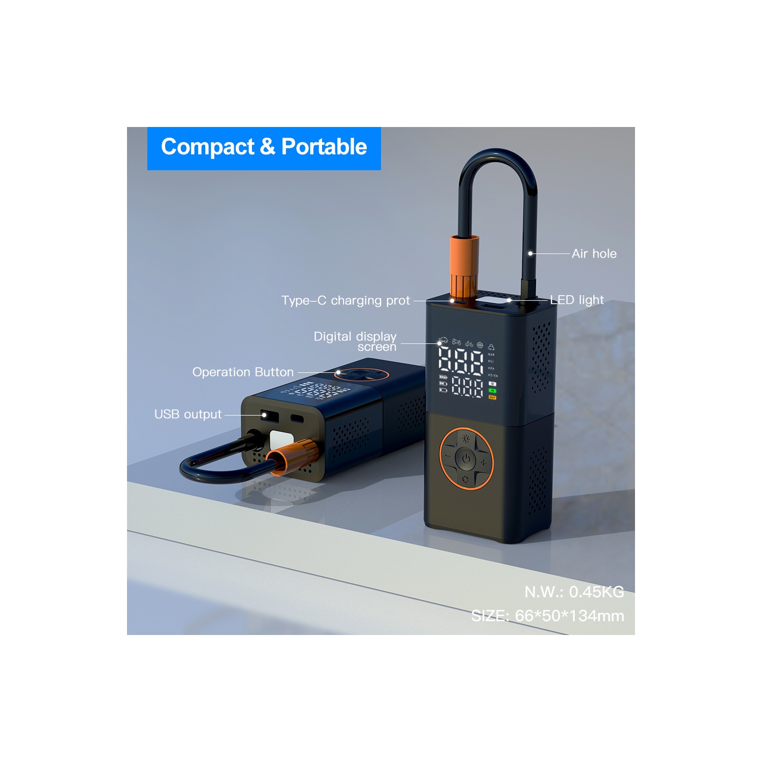 Pompe à air sans fil à écran double - Pompe à air portative 150&nbsp;lb/po² avec piles 2000&nbsp;mAh *2, arrêt automatique, multifonction, adaptée