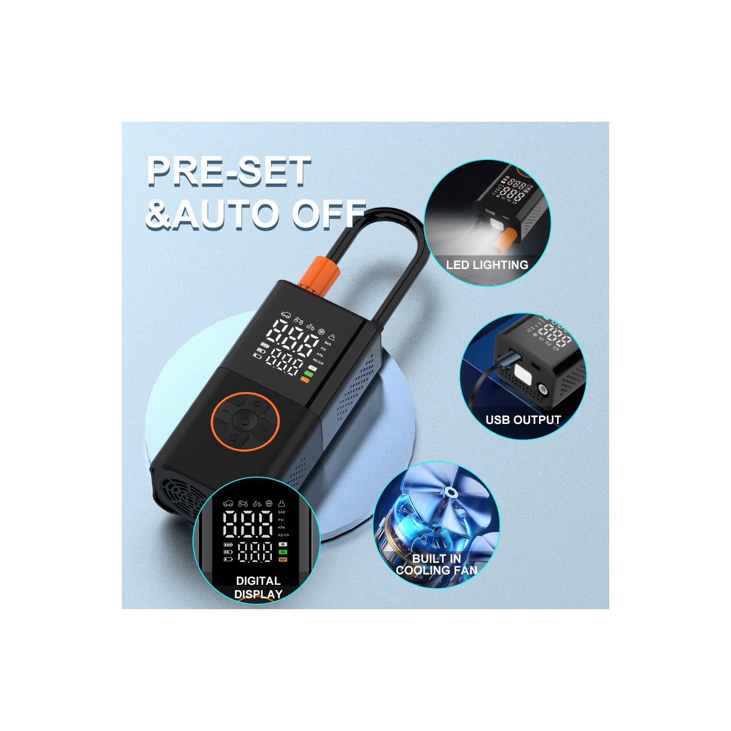 Pompe à air sans fil à écran double - Pompe à air portative 150&nbsp;lb/po² avec piles 2000&nbsp;mAh *2, arrêt automatique, multifonction, adaptée