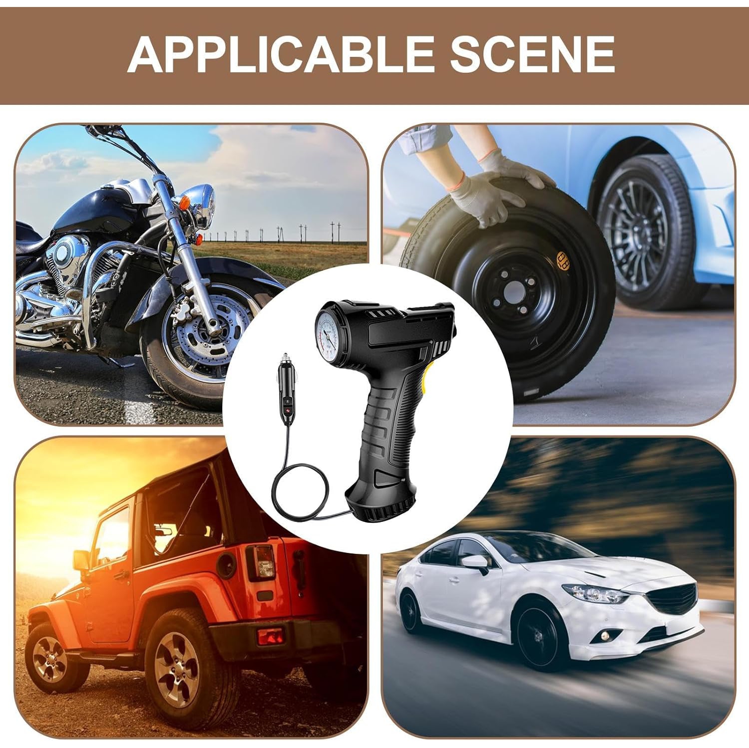 Portable multifunctional electric air pump, intelligent digital display, preset tire pressure, automatic stop when full, with LED light, long battery